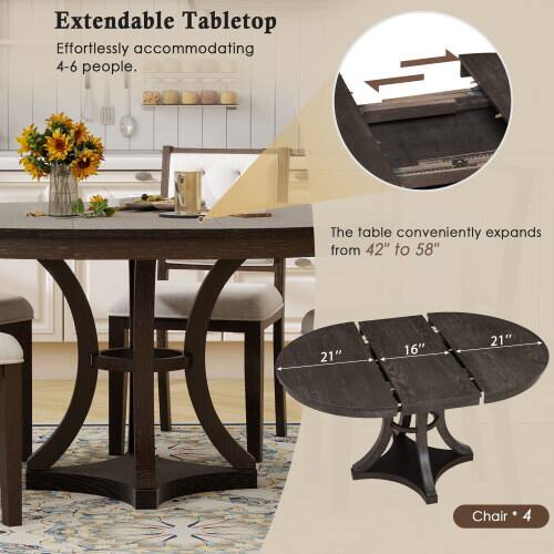 Extendable Tabletop  
Effortlessly accommodating 4-6 people.  
The table conveniently expands from 42" to 58"  
21" 16" 21"  
Chair * 4