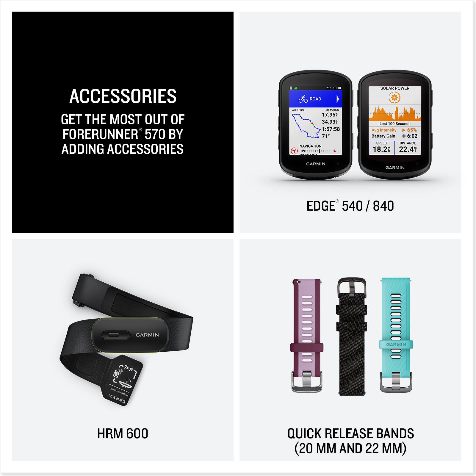 ACCESSORIES  
GET THE MOST OUT OF FORERUNNER 570 BY ADDING ACCESSORIES  

EDGE 540 / 840  

HRM 600  

QUICK RELEASE BANDS (20 MM AND 22 MM)