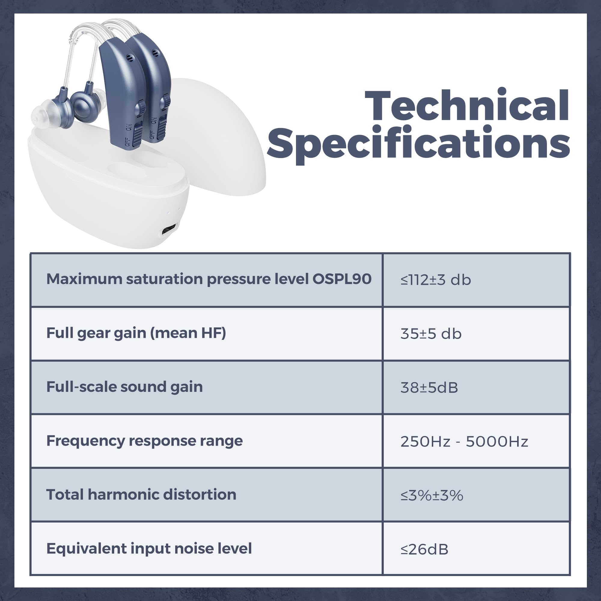 Technical Specifications

- Maximum saturation pressure level OSPL90: ≤112±3 dB
- Full gear gain (mean HF): 35±5 dB
- Full-scale sound gain: 38±5 dB
- Frequency response range: 250Hz - 5000Hz
- Total harmonic distortion: ≤3%±3%
- Equivalent input noise level: ≤26 dB