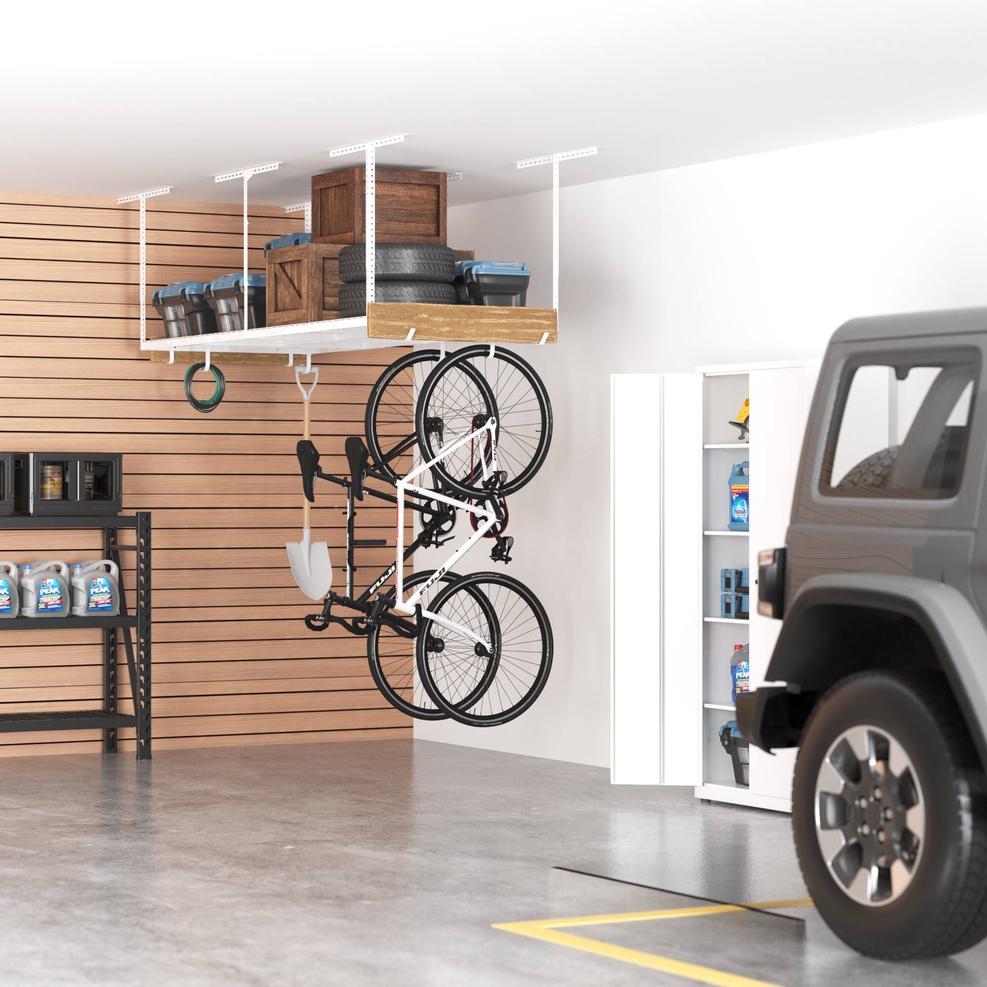 Alt View 6. Fleximounts - OHK Series 36 in. W x 96 in. D x 22-40 in. H Ceiling Mounted Overhead Garage Storage Rack with Accessory Hooks - White.