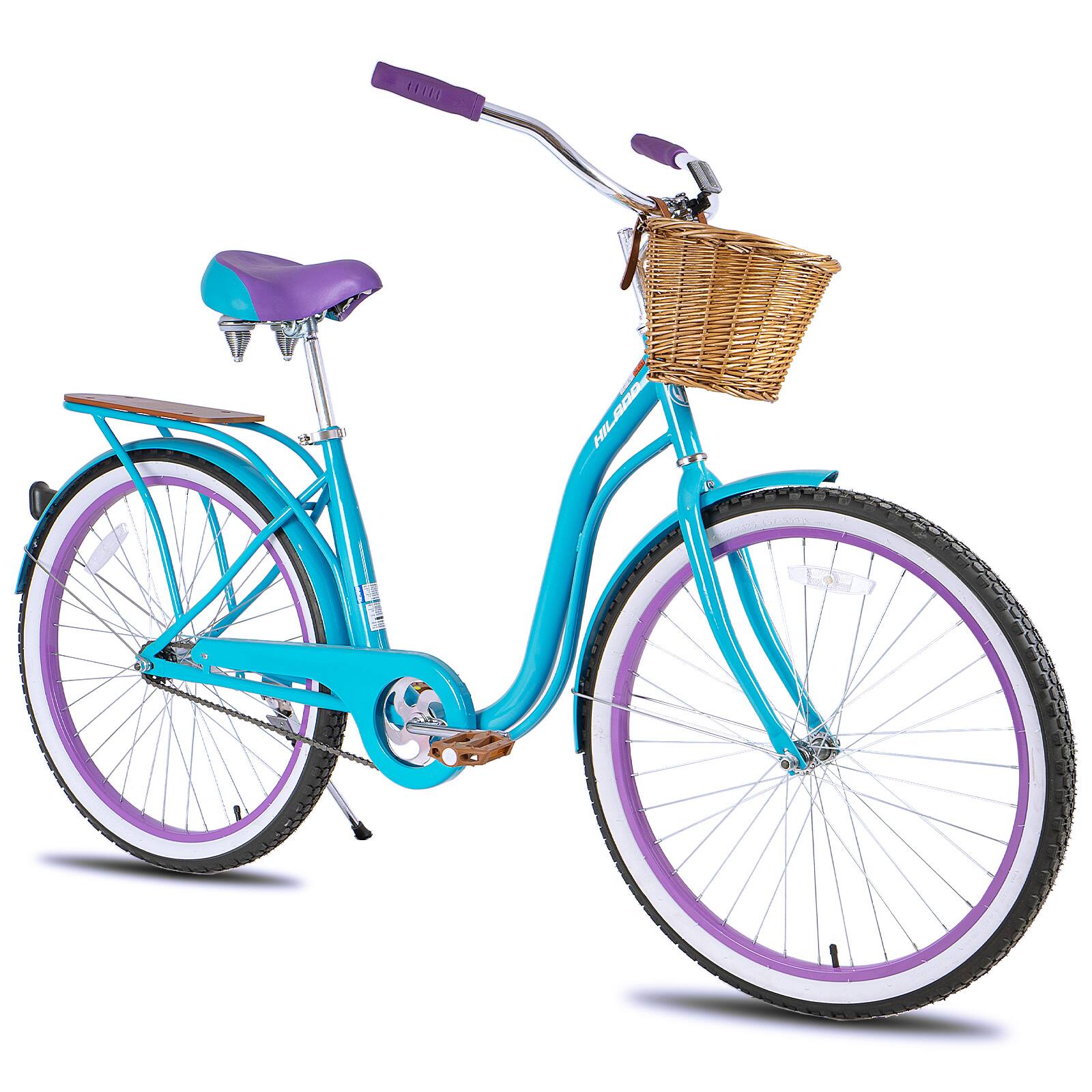 Angle. HILAND - HILAND Vintage Adult Beach Cruiser Bike for Men Women, 26 inch Commuter Bicycle with Front Basket and Rear Rack, Blue - blue.