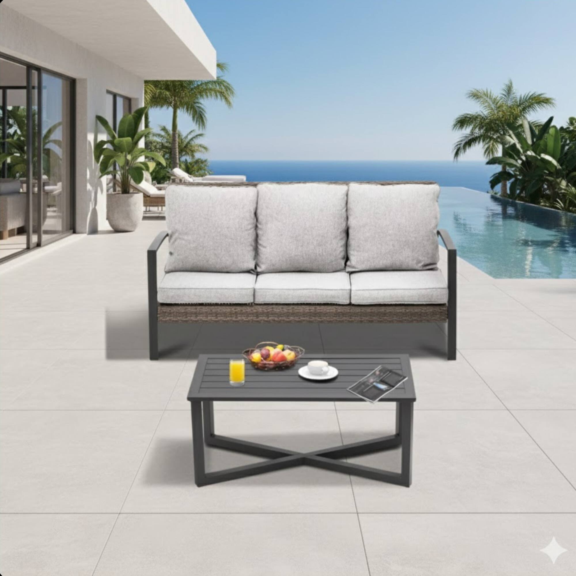 Left. Mondawe - 2-Piece Wicker Patio Conversation Set with Cushions & Coffee Table - Gray.