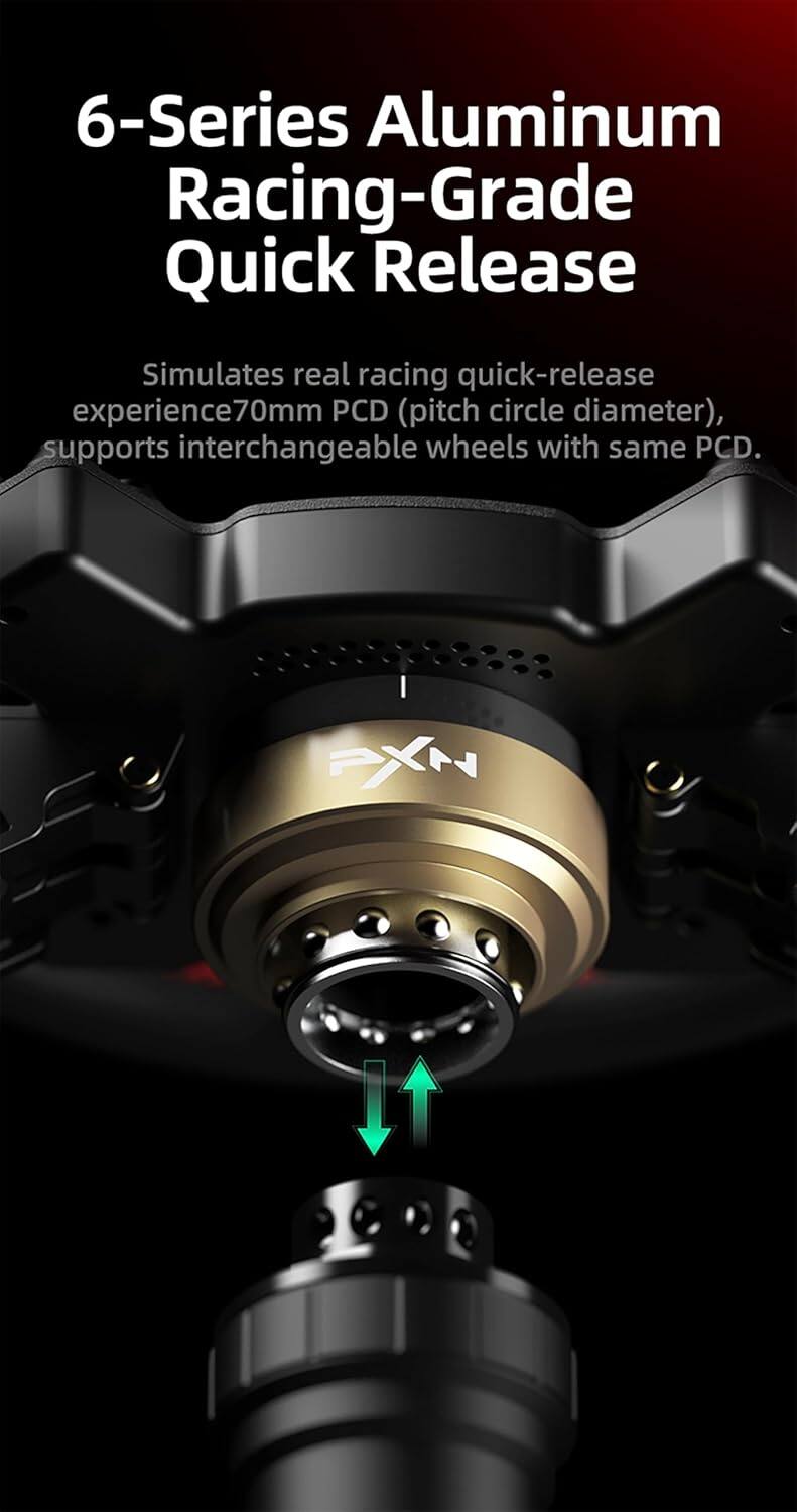 6-Series Aluminum Racing-Grade Quick Release

Simulates real racing quick-release experience. 70mm PCD (pitch circle diameter), supports interchangeable wheels with same PCD.