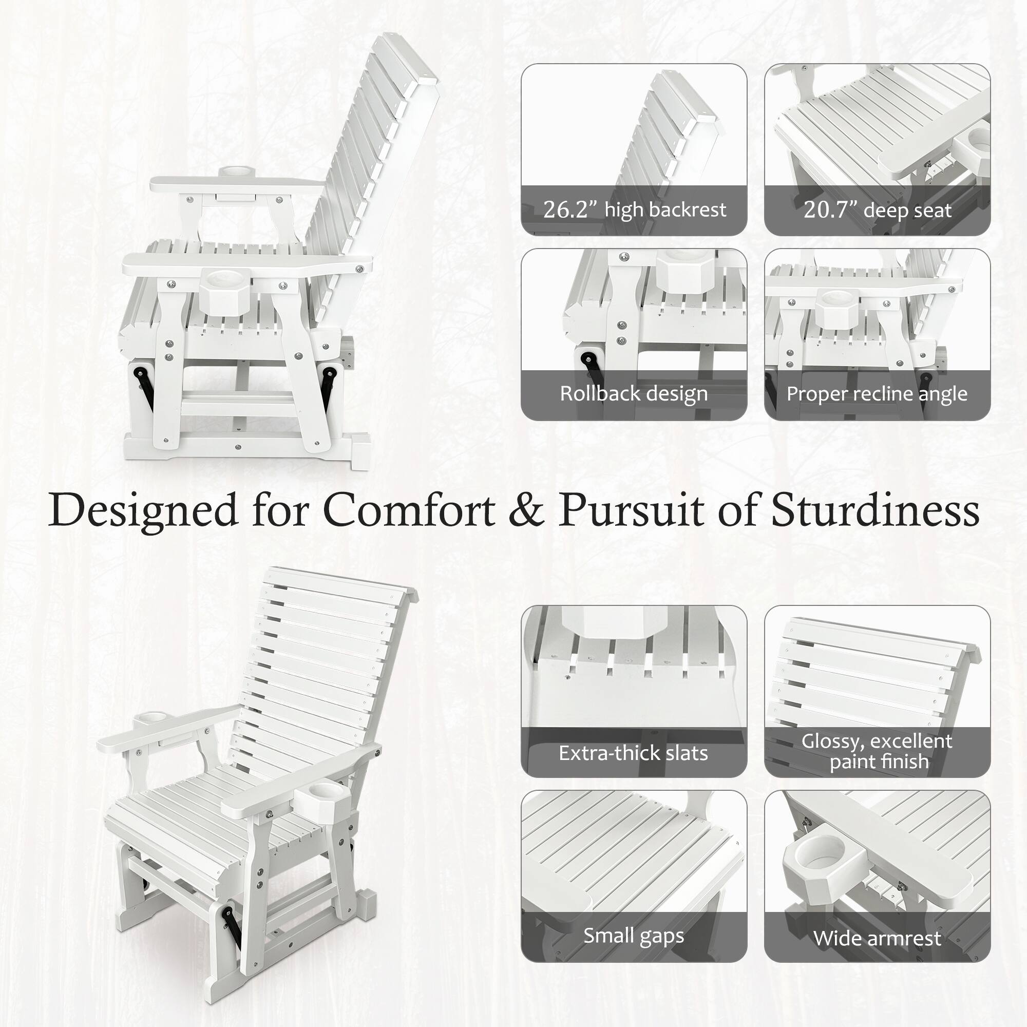 Alt View 1. Fortune Candy - Wooden Patio Glider w/High Back & Deep Contoured Seat, Solid Fir Wood, Heavy-Duty 600 lbs(1 Searter, 2 Pack) - White.