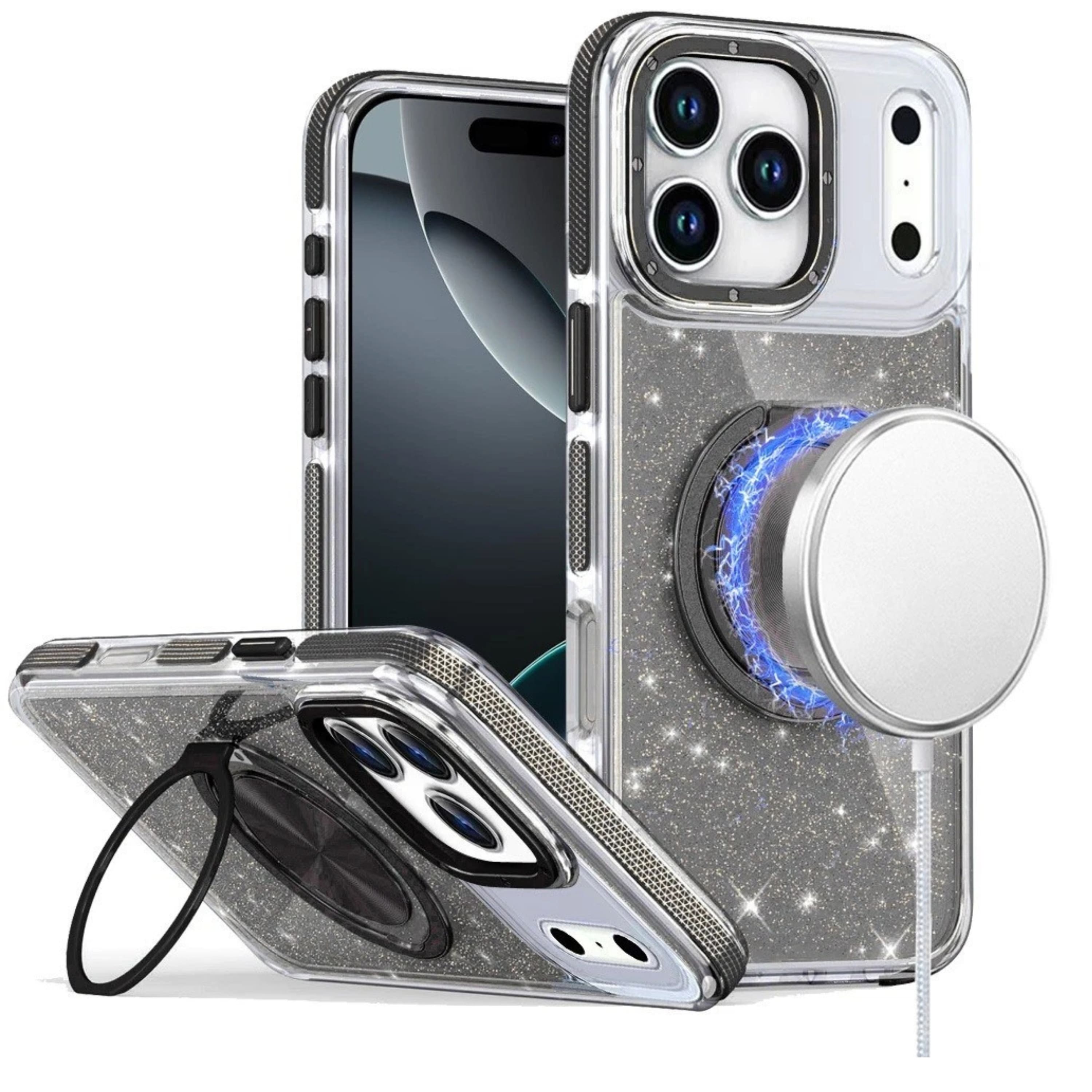 Kitcheniva - Magnetic Circle Glitter Ring Stand Case With Tempered Glass For iPhone 17 Pro Max - Black price history on PriceWatchPro
