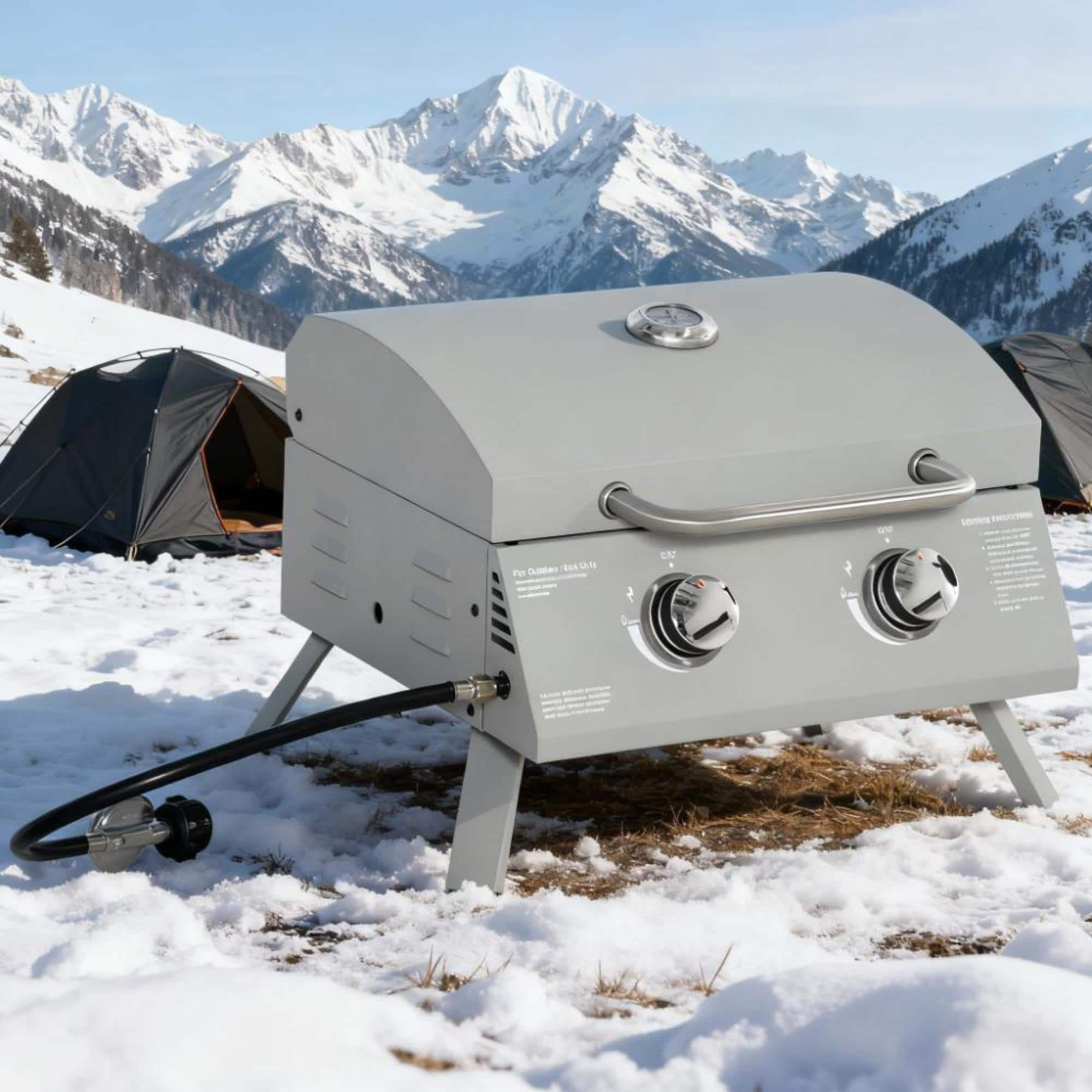 GOODSILO - Portable Double Burner Outdoor Grill with Piezo Ignition and Foldable Legs for Camping and BBQ - Gray