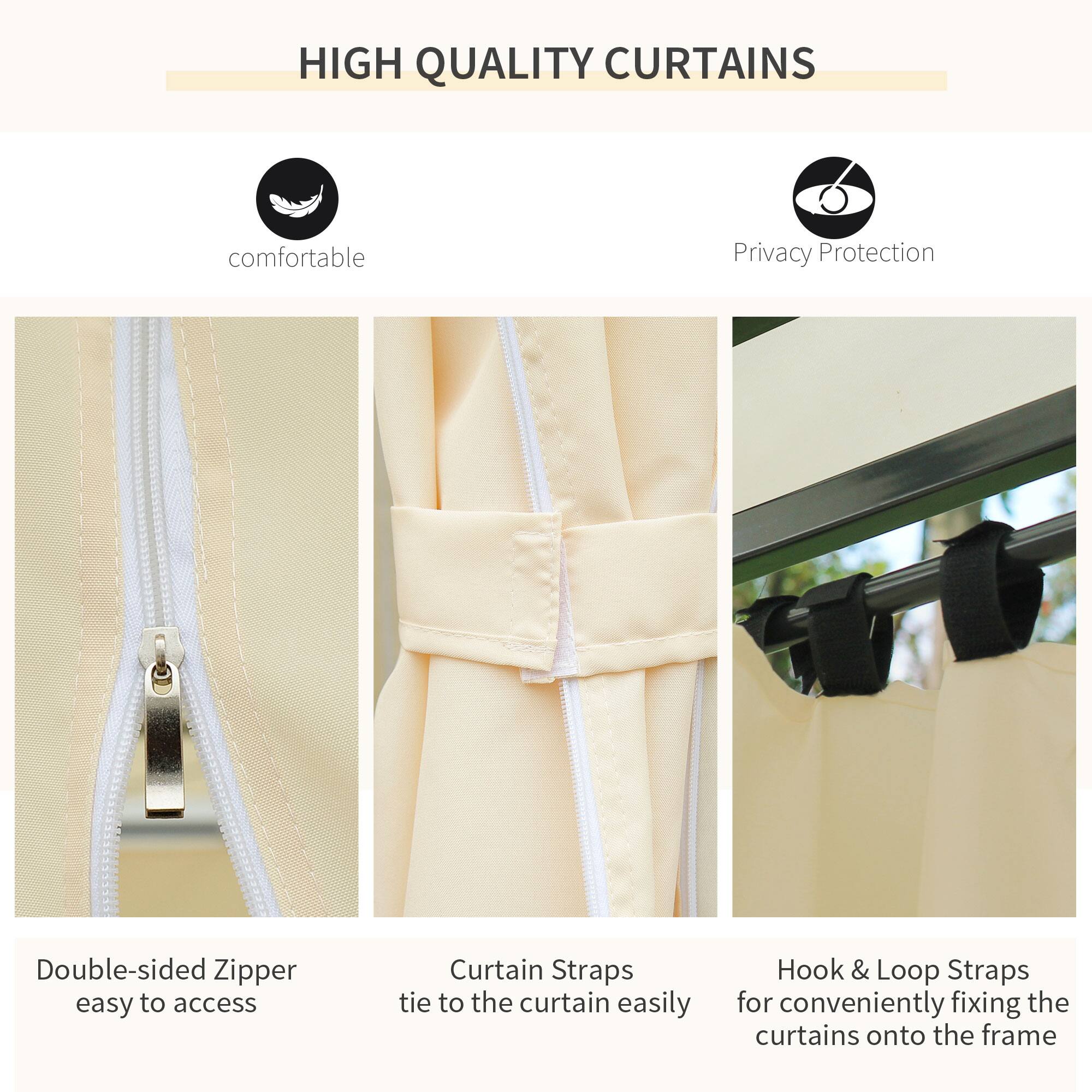 HIGH QUALITY CURTAINS

comfortable
Privacy Protection
Double-sided Zipper easy to access
Curtain Straps tie to the curtain easily
Hook & Loop Straps for conveniently fixing the curtains onto the frame