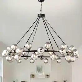 RYHNUYNE - 59 Inch Dining Room Large Chandeliers for High Ceilings Modern Black 36-Light Light Fixture with Smoky Grey Glass Shades