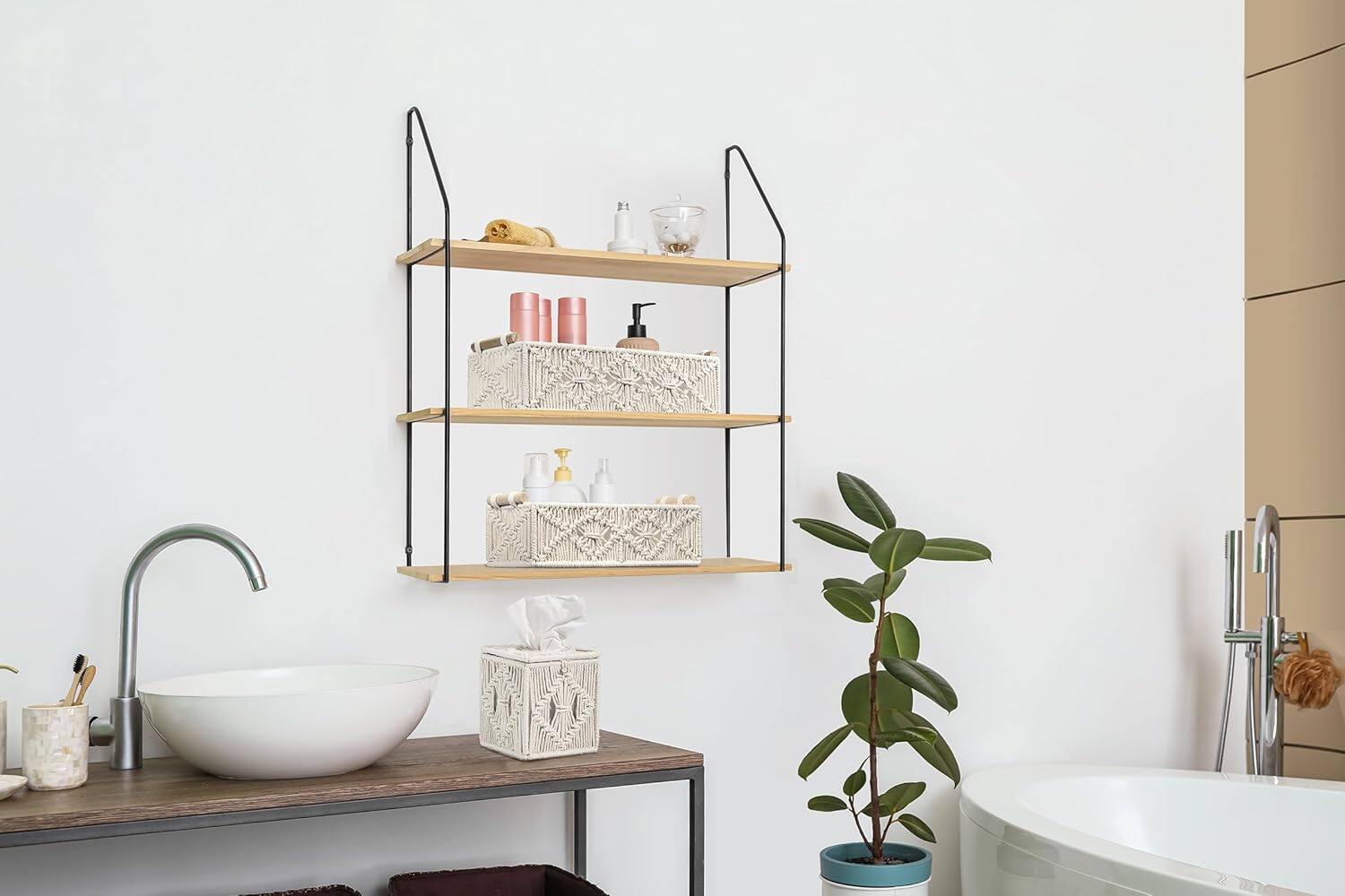 Alt View 3. Sorbus - Sorbus Macrame Boho Decor Baskets & Tissue Holder Set - Decorative Woven Baskets for Bathroom, Hand Towels, Skincare - White.