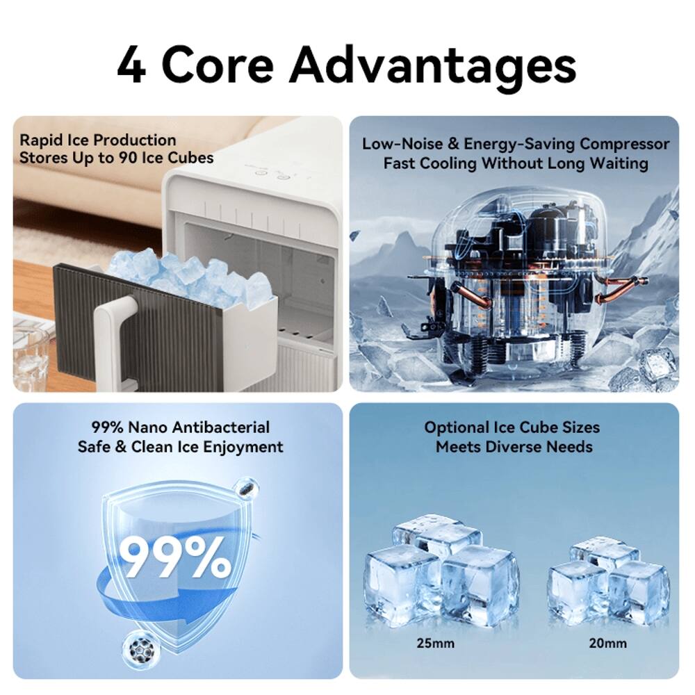 4 Core Advantages

- Rapid Ice Production
  - Stores Up to 90 Ice Cubes

- Low-Noise & Energy-Saving Compressor
  - Fast Cooling Without Long Waiting

- 99% Nano Antibacterial
  - Safe & Clean Ice Enjoyment

- Optional Ice Cube Sizes
  - Meets Diverse Needs
    - 25mm
    - 20mm