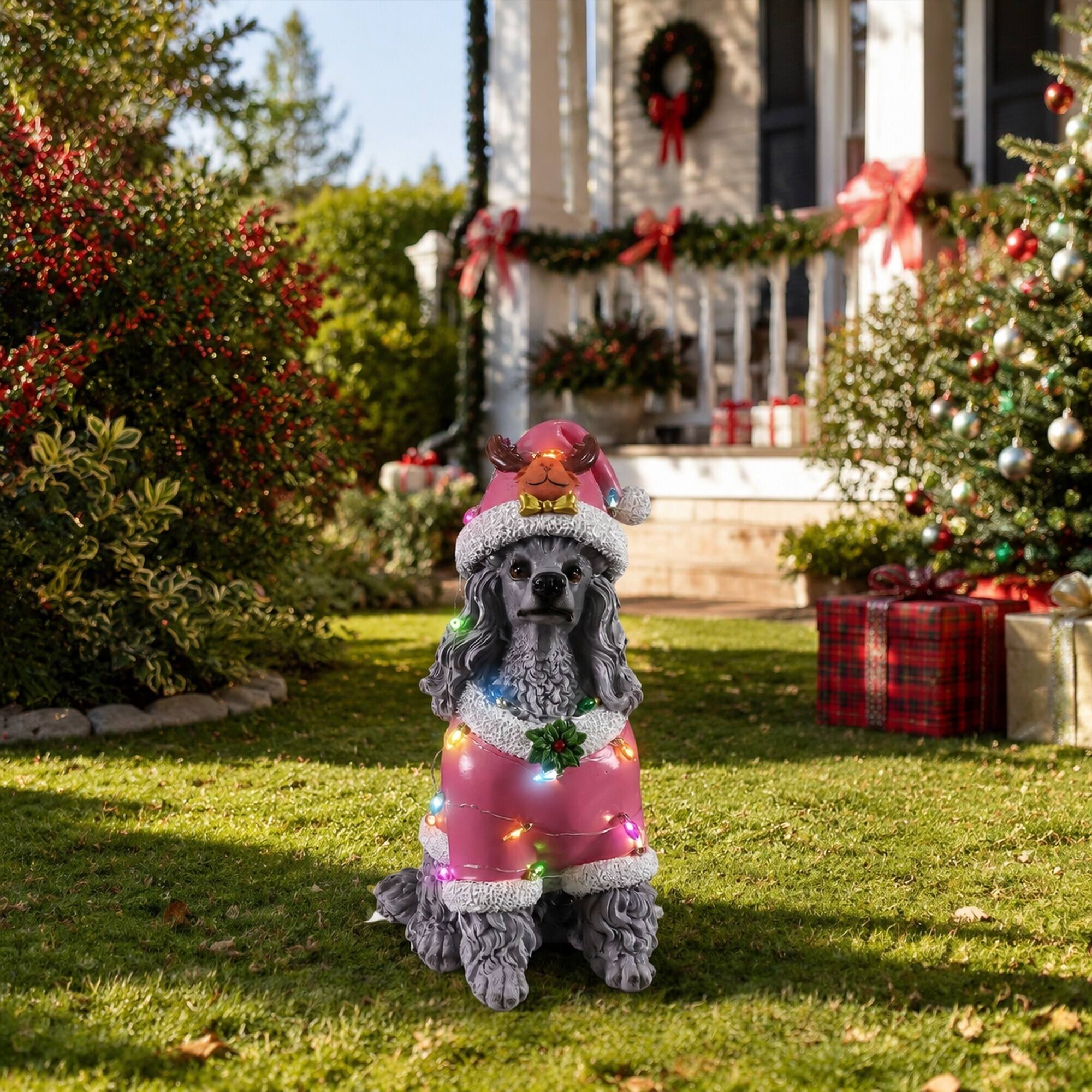 Alt View 2. RYHNUYNE - Holiday Poodle Figurine in Pink Santa Outfit with Holly Accents for Festive Indoor Display - Grey.