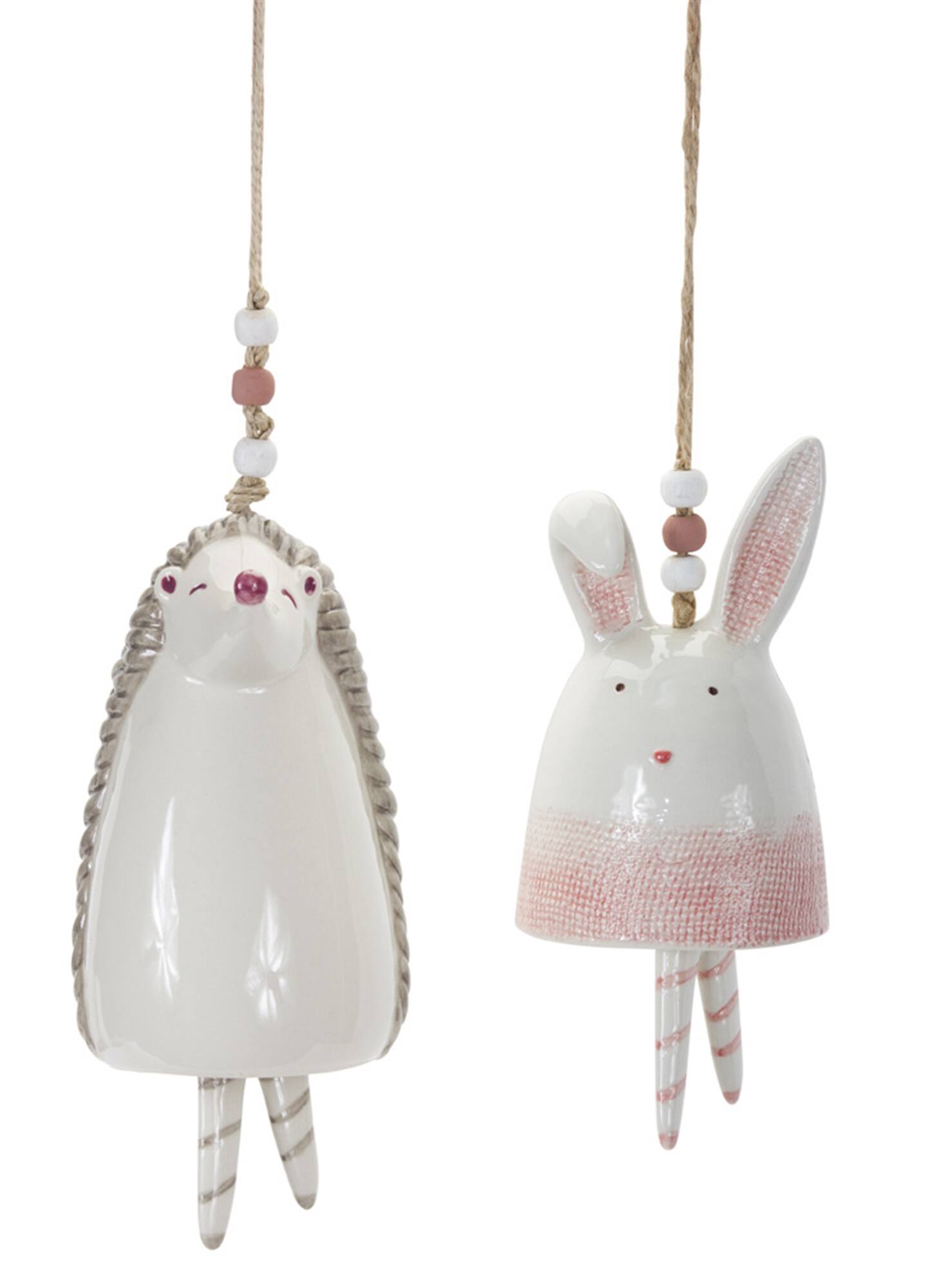 Angle. BreeBe - Blush Bunny and Hedgehog Bell Hanging Garden Accent (Set of 4) - White, Pink.