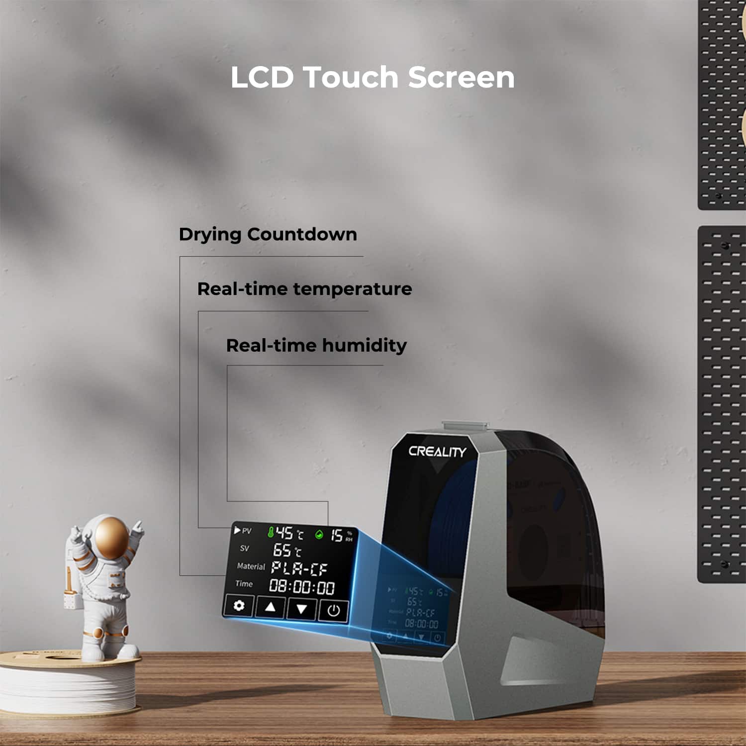 LCD Touch Screen Drying Countdown Real-time temperature Real-time humidity CREALITY PV 45 t IS - SV 65 t Material PLA-CF Time 08:00:00 145 S: 65 : PLR-CF 08:00:00 Y