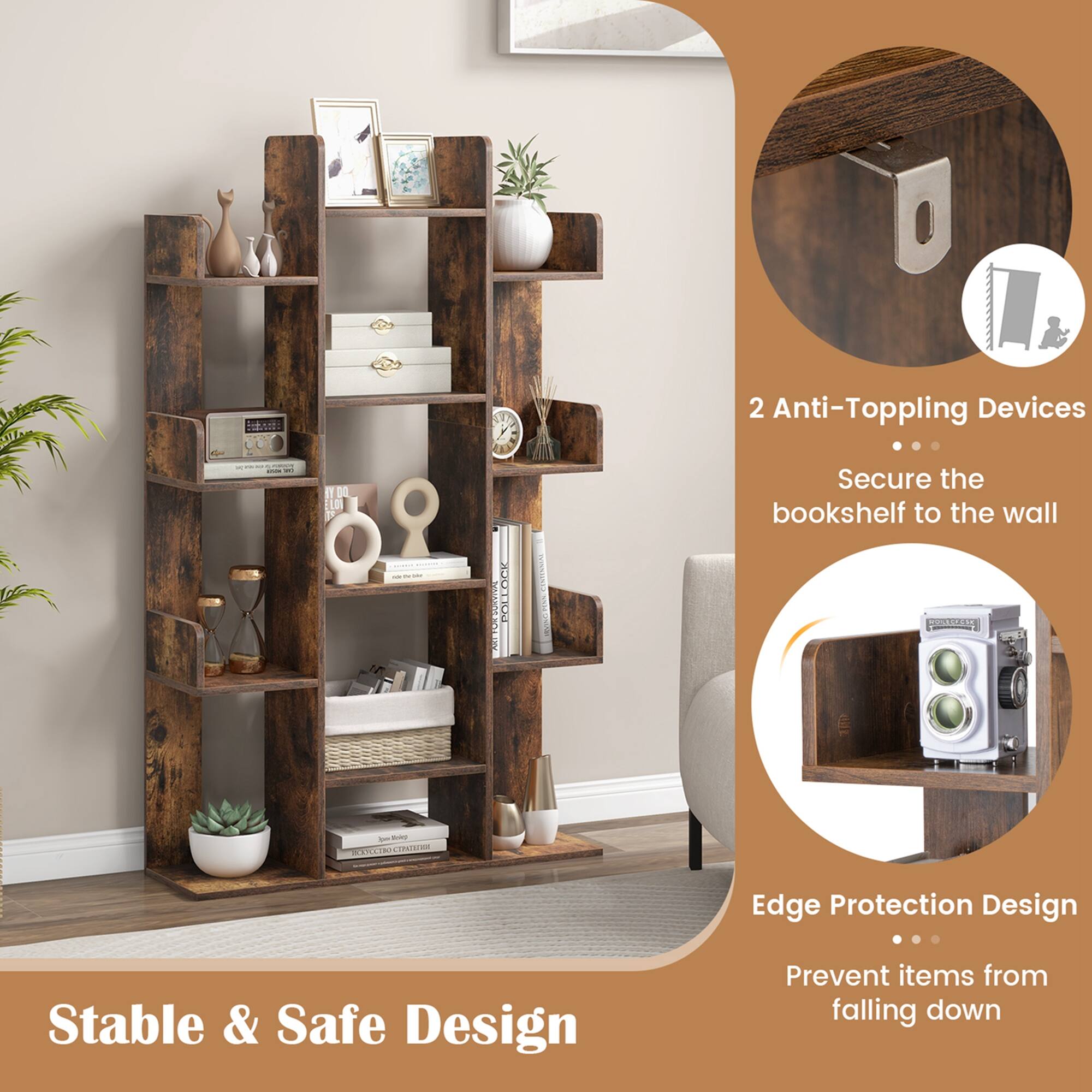 - E - I - A - 1 M 8 -  - -   POLLOCK : | 2 Anti-Toppling Devices Secure the bookshelf to the wall
ROUEE - - ENLIBIA  Cr Edge Protection Design Stable & Safe Design Prevent items from falling down