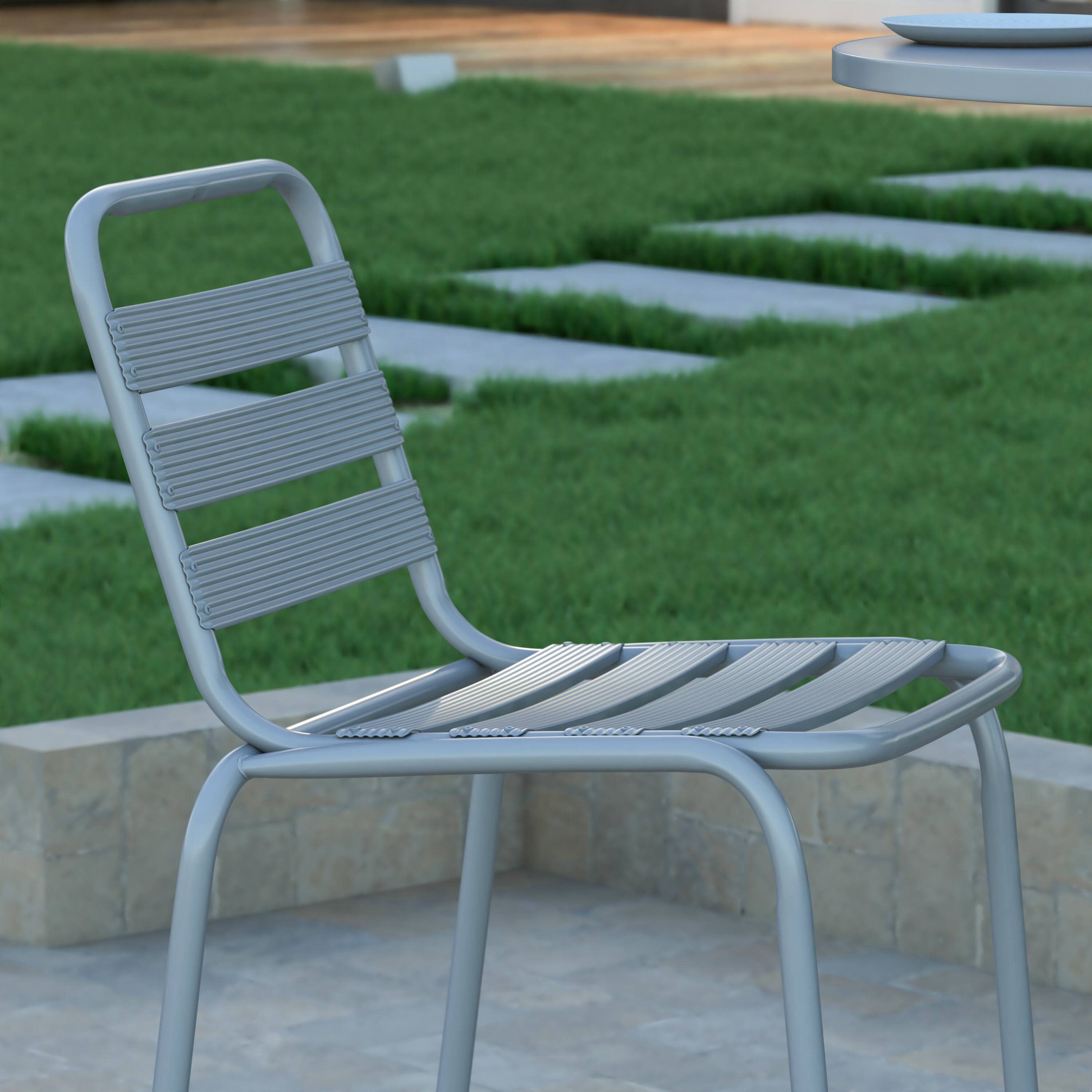 Alt View 5. Emma + Oliver - Jens Metal Dining Stool with Triple Slatted Back for Indoor and Outdoor Use - Silver.