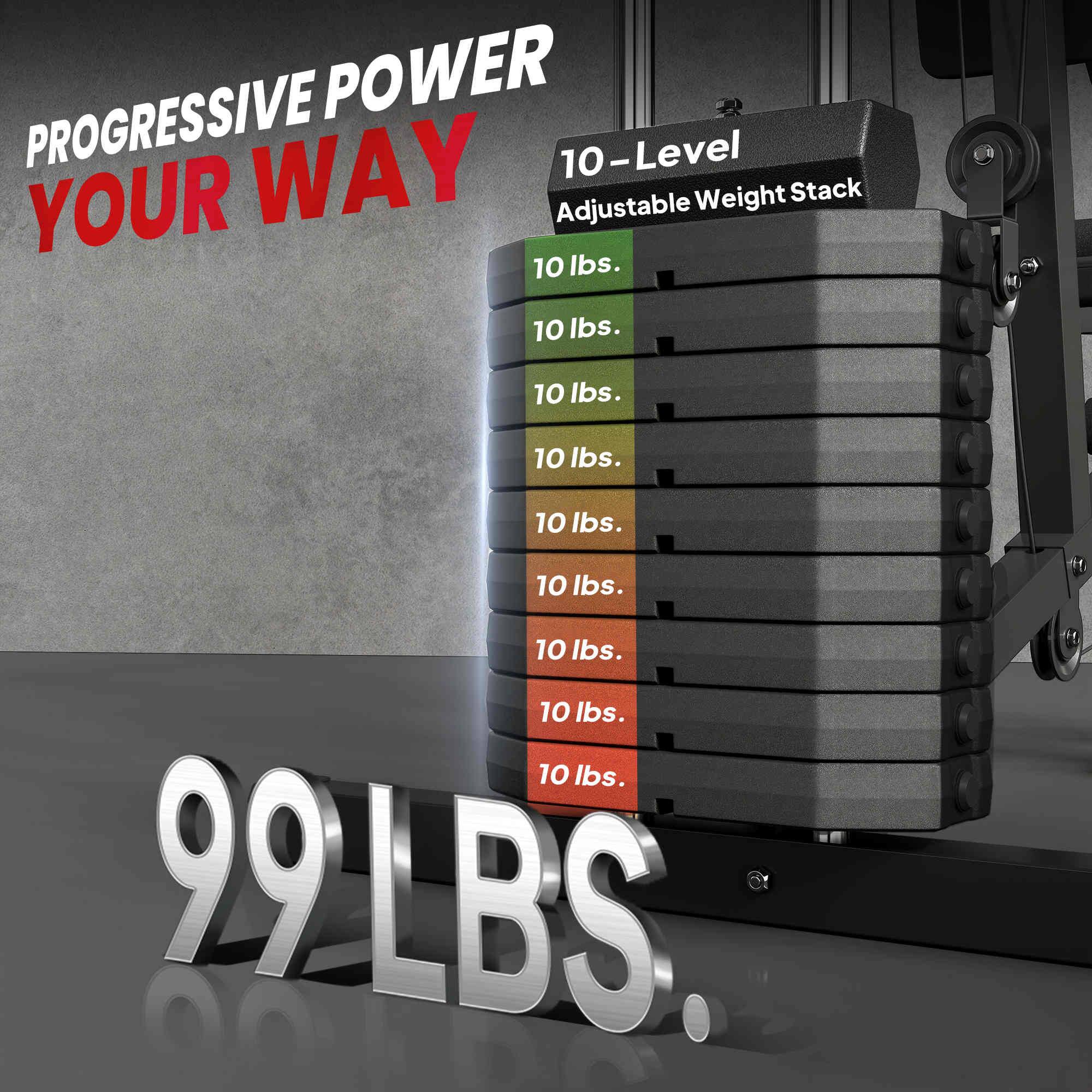 PROGRESSIVE POWER YOUR WAY

10-Level Adjustable Weight Stack

10 lbs.
10 lbs.
10 lbs.
10 lbs.
10 lbs.
10 lbs.
10 lbs.
10 lbs.
10 lbs.

99 LBS.