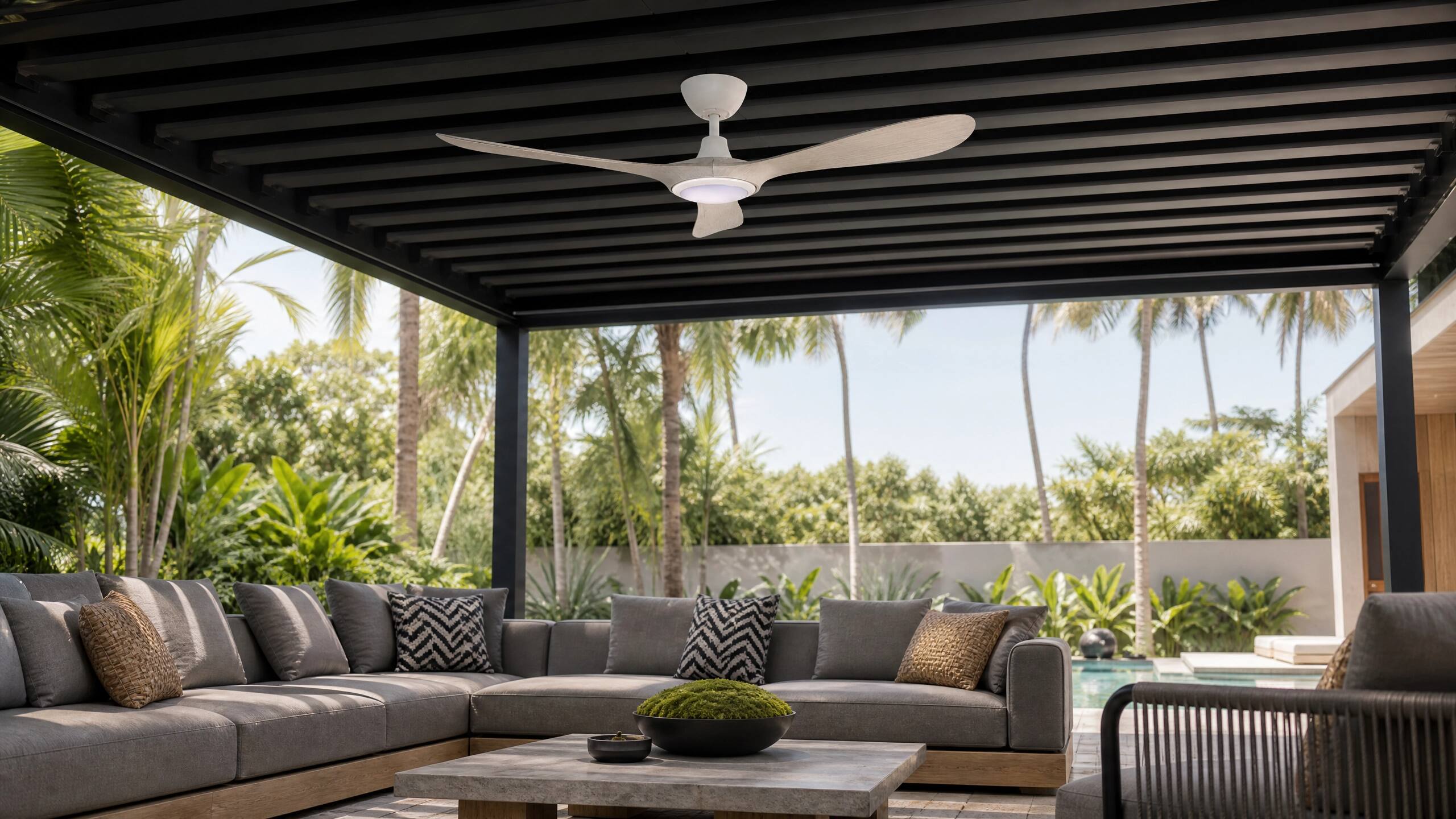 Back. ENLIGHT - 60" Smart Ceiling Fan, IP66 Outdoor/Coastal, CCT & Dimmable LED, Durable, Efficient, Quiet DC Motor, Matter, 3 Blades - White Oak Woodgrain.