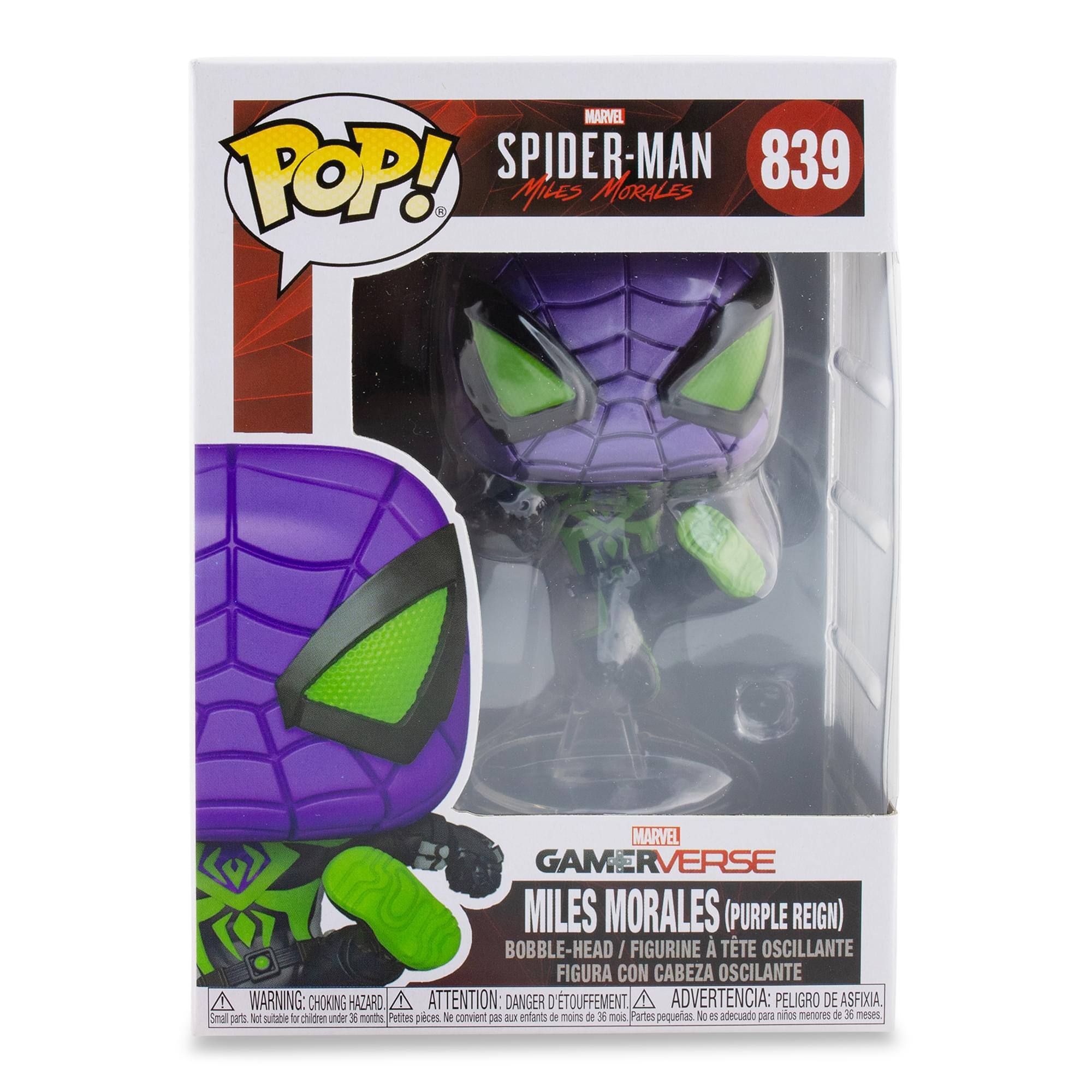MARVEL POP! SPIDER-MAN 839  
MILES MORALES  
MARVEL GAMERVERSE  
MILES MORALES (PURPLE REIGN)  
BOBBLE-HEAD / FIGURINE À TÊTE OSCILLANTE / FIGURA CON CABEZA OSCILANTE  

WARNING: CHOKING HAZARD  
ATTENTION: DANGER  
ADVERTENCIA: PELIGRO DE ASFIXIA  
Small parts. Not suitable for children under 3 years.  
Petites pièces. Ne convient pas aux enfants de moins de 36 mois.  
Partes pequeñas. No es adecuado para niños menores de 36 meses.