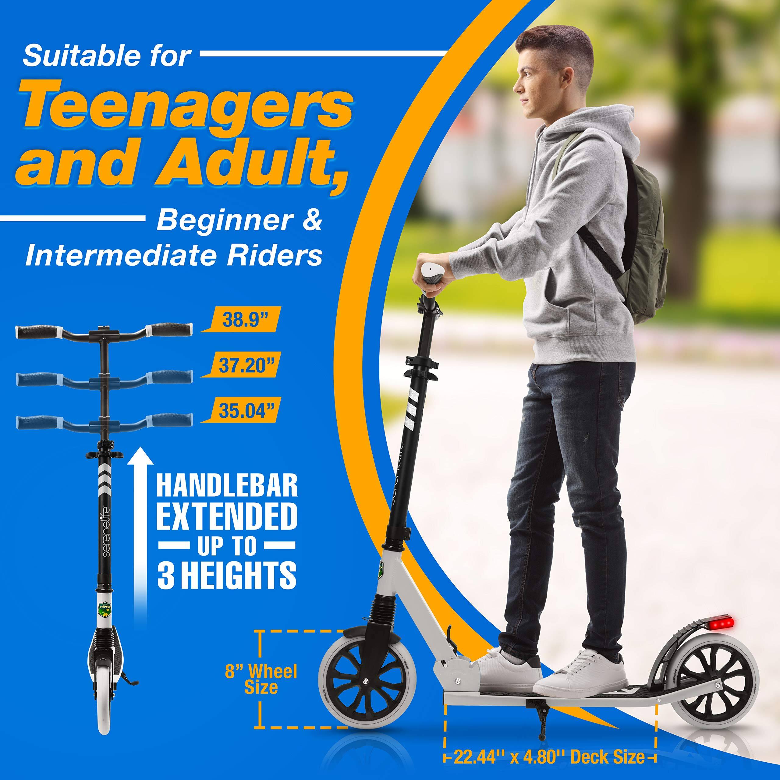 Suitable for Teenagers and Adult, Beginner & Intermediate Riders

38.9"  
37.20"  
35.04"  

HANDLEBAR EXTENDED UP TO 3 HEIGHTS

8" Wheel Size - 22.44" x 4.80" Deck Size