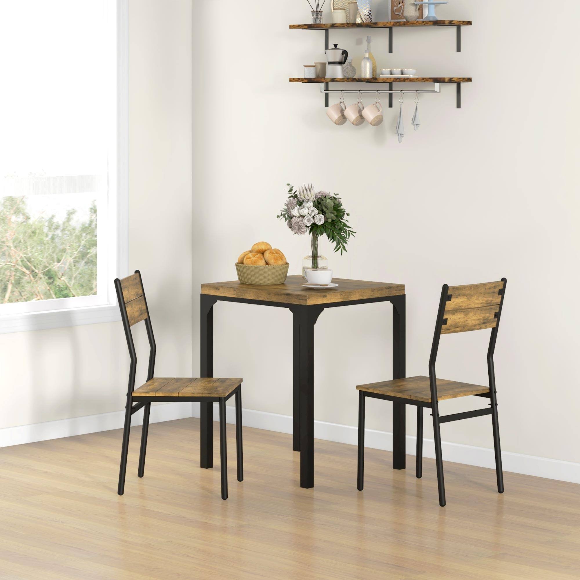 Angle. Homcom - 3 Piece Dining Table Set for 2, Modern Kitchen Table and Chairs, Dining Room Set for Breakfast Nook, Small Space - Rustic Brown.