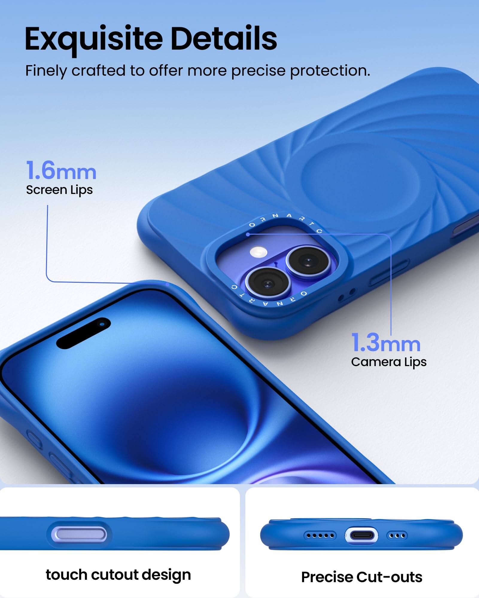 Exquisite Details Finely crafted to offer more precise protection. 1.6mm Screen Lips 1.3mm Camera Lips touch cutout design Precise Cut-outs