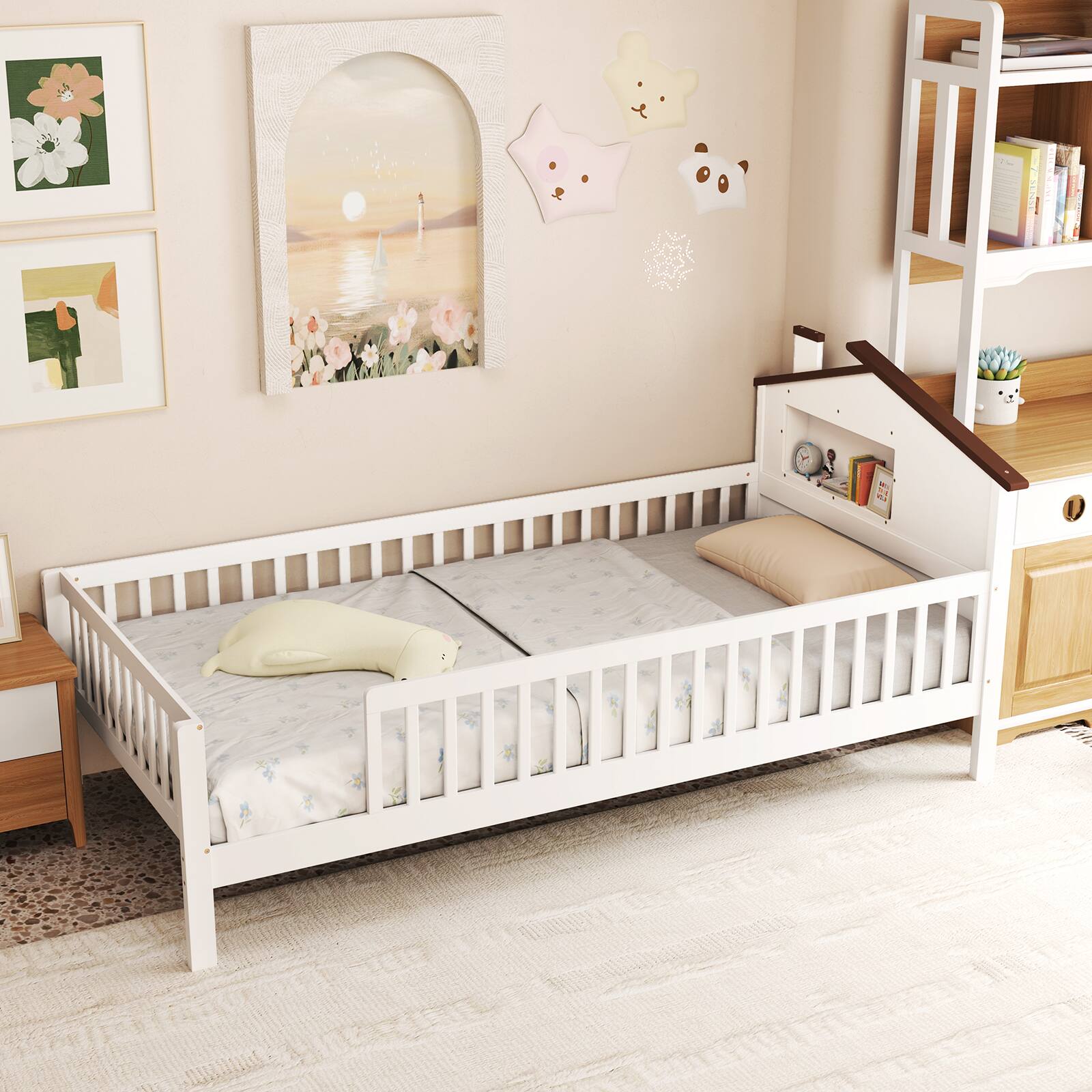 Alt View 3. Gymax - Gymax Twin Size Kids Bed Solid Wood Platform Bed w/ Under-bed Storage & Storage Cube White - White.