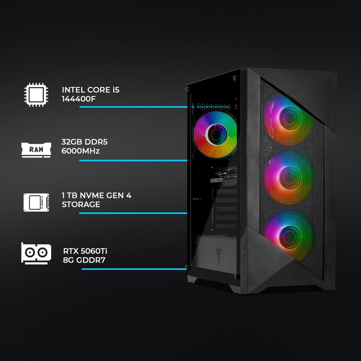 INTEL CORE i5 144400F  
32GB DDR5 6000MHz  
1 TB NVME GEN 4 STORAGE  
RTX 5060Ti 8G GDDR7