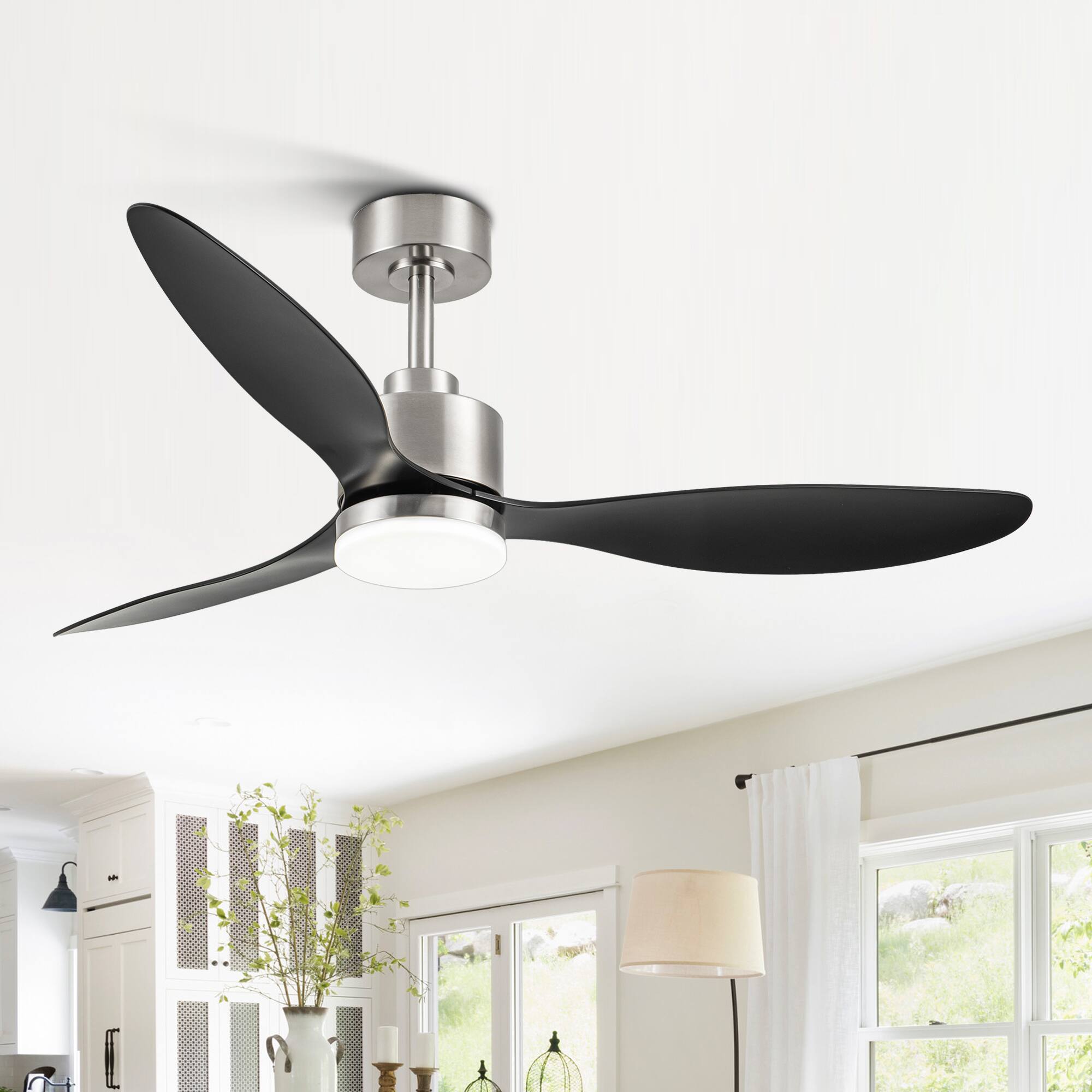 Back. Breezary - 52" Indoor Ceiling Fan, 3 ABS Blades, 6-Speed DC Motor, Remote Control, Memory/Timer, 3-Color LED Light, 5"/10" Downrods - Satin Nickel and Black.
