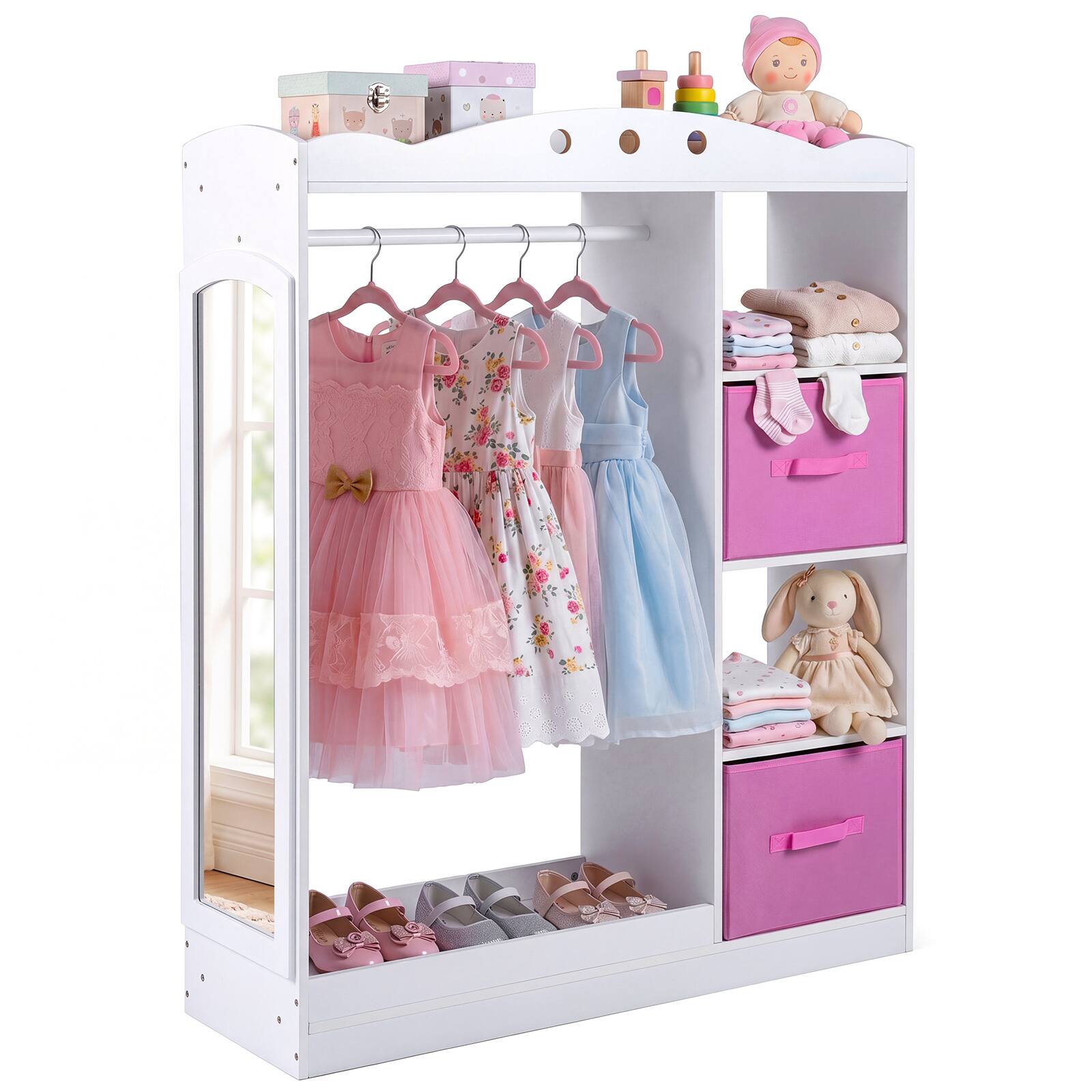 Alt View 1. Costway - Costway Kids Dress Up Storage with Full Length Mirror, Open Shelves, Hanging Rod & Drawers - White.