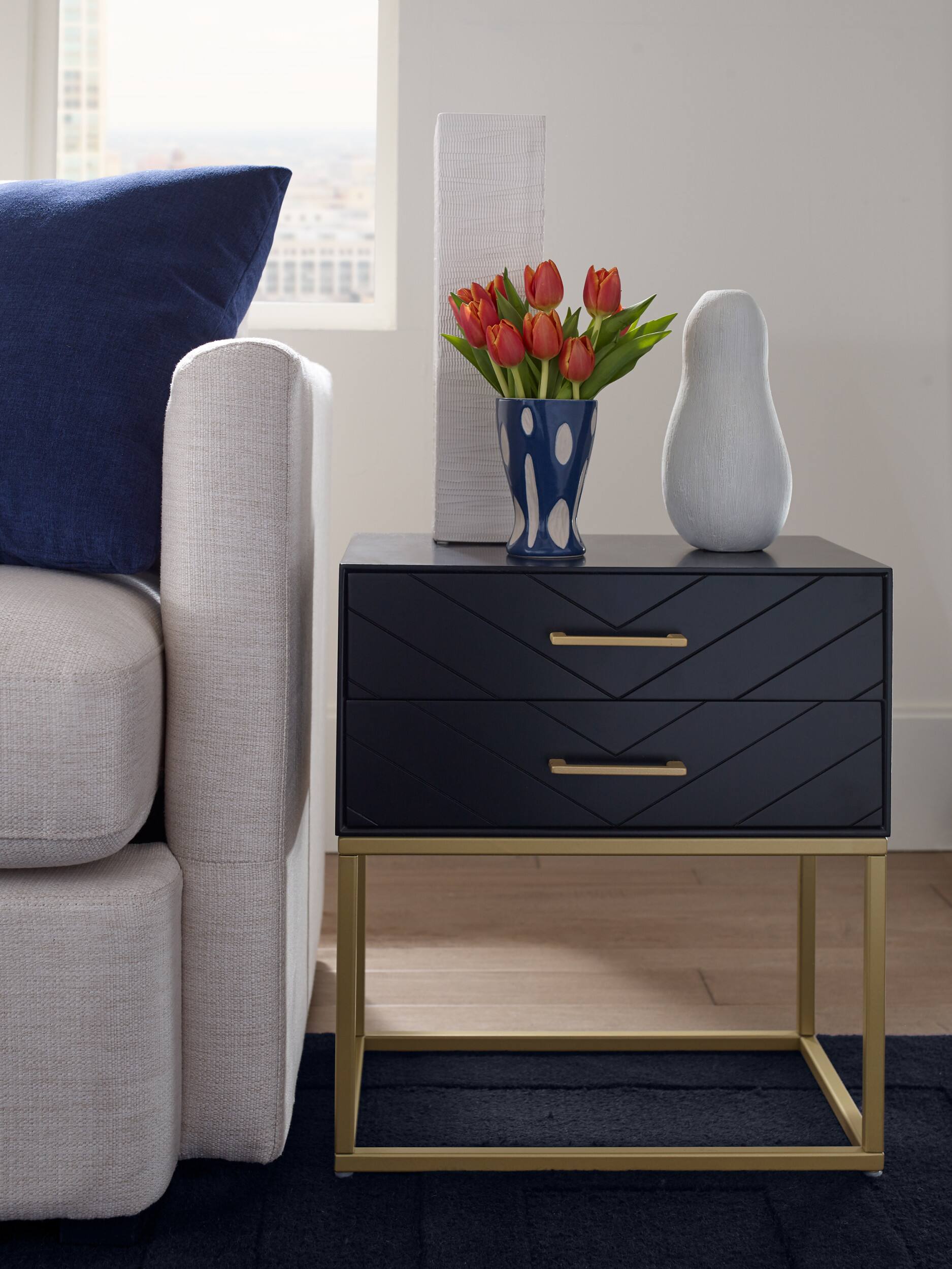 Angle. Tommy Hilfiger - Ellias 2-drawer Bedside Table - Black and Gold.