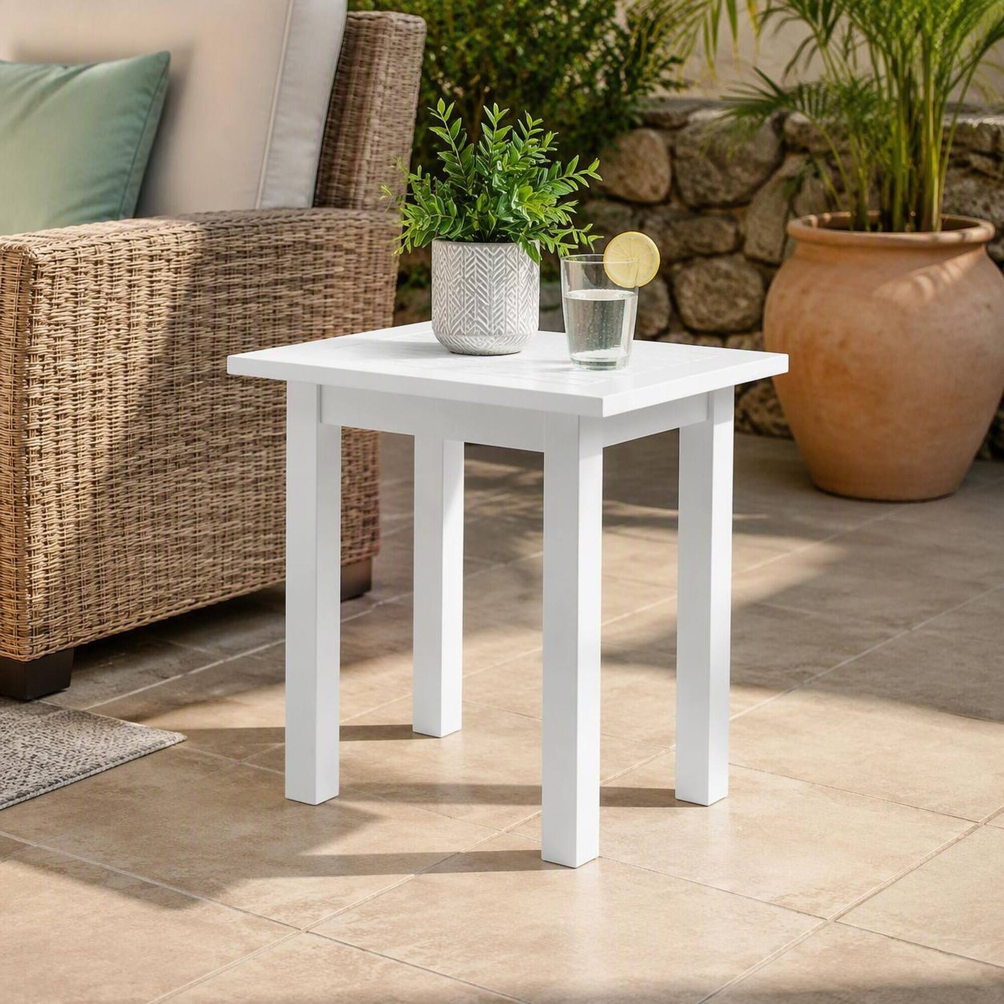 Alt View 1. RYHNUYNE - White Natural Stained Acacia Wood Rectangular Accent Side Table,Weather-Resistant Outdoor End Table for Patio Garden - White PU.