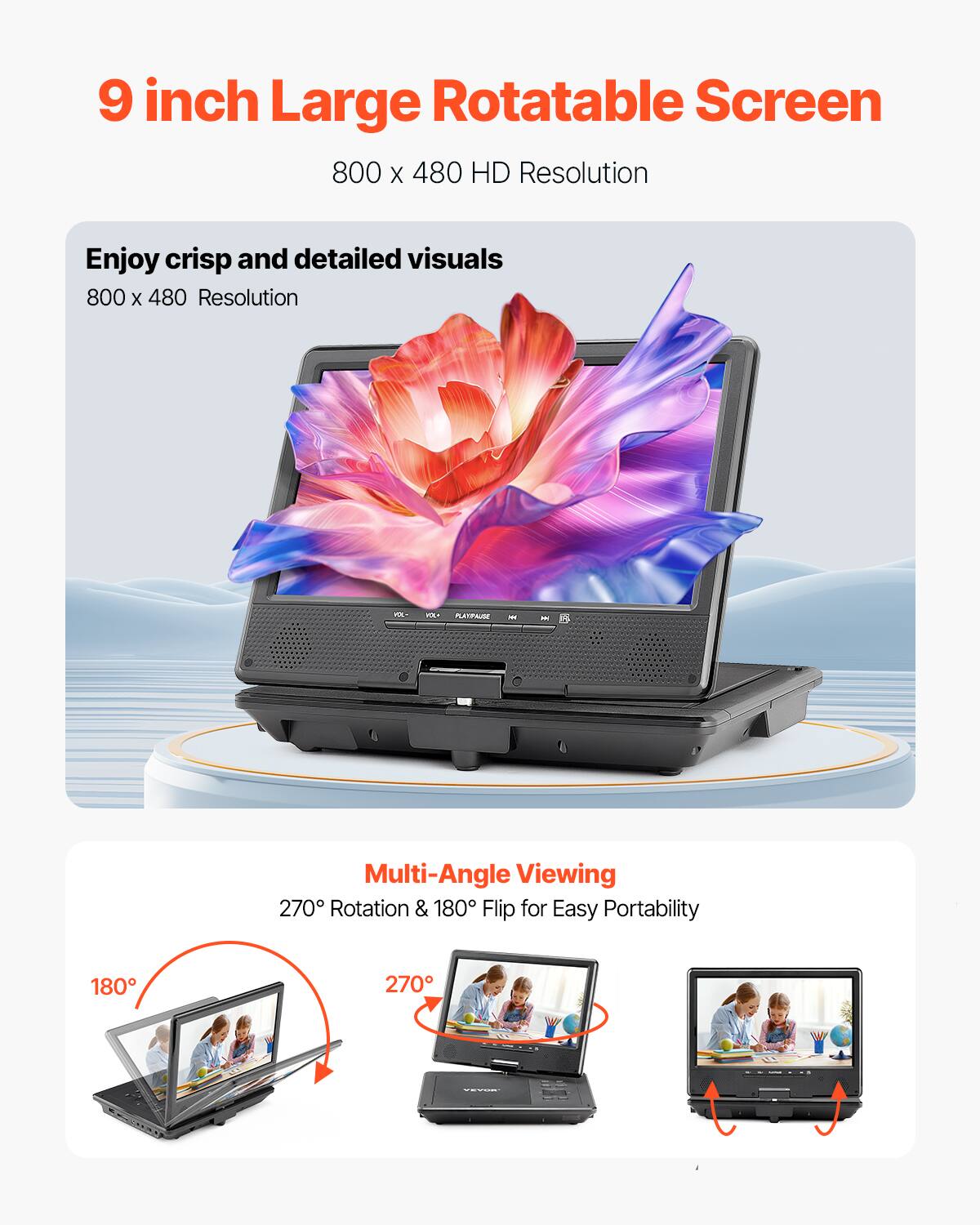 9 inch Large Rotatable Screen  
800 x 480 HD Resolution  

Enjoy crisp and detailed visuals  
800 x 480 Resolution  

Multi-Angle Viewing  
270° Rotation & 180° Flip for Easy Portability  

180°  
270°