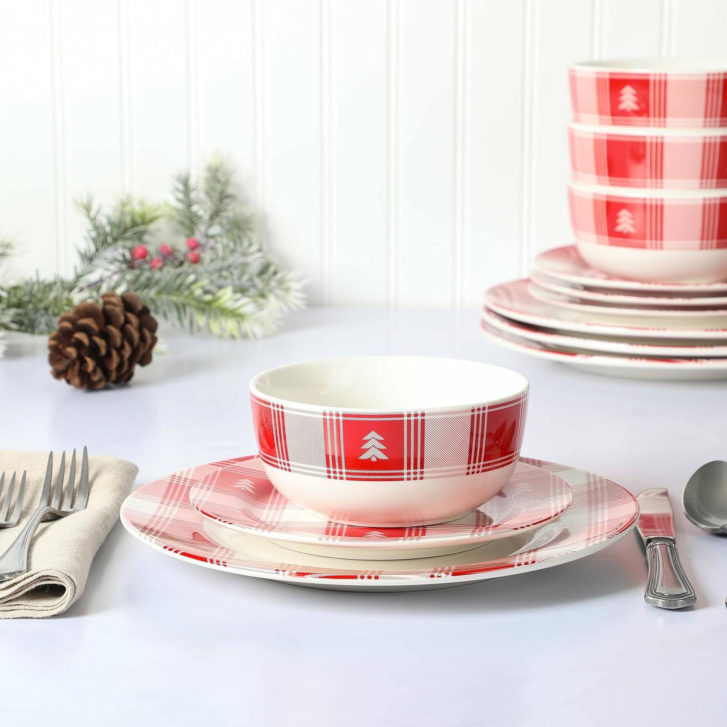 Alt View 5. Martha Stewart - Martha Stewart 12 Piece Plaid Decorated Round Stoneware Dinnerware Set in Red and White - Red and White.