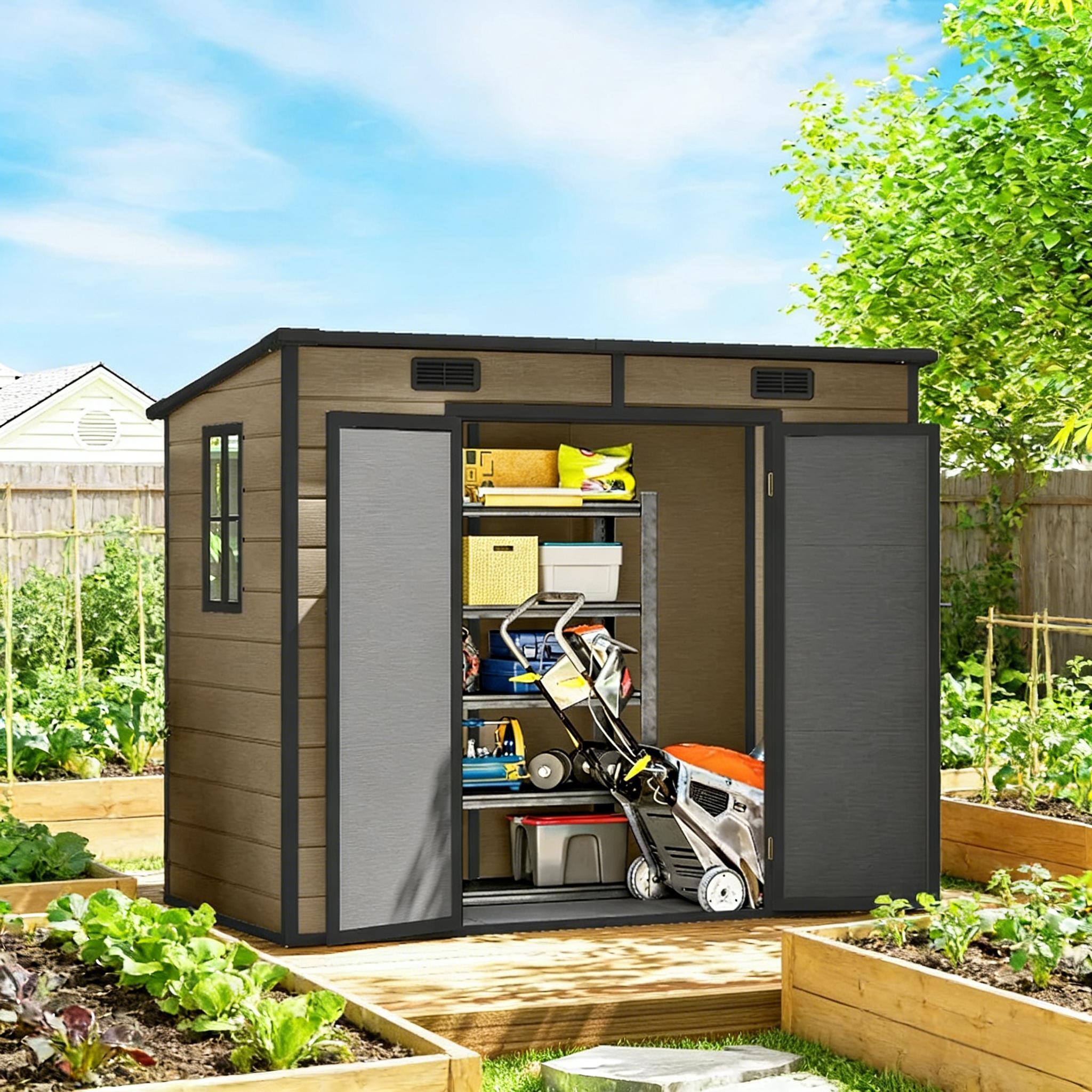 Angle. Anysun - 93.7" Outdoor Plastic Storage Shed with Lockable Door, Window & Vent, Weatherproof Garden Tool & Bike Shed for Backyard - Light Brown.