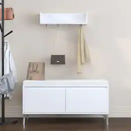 Ropilly - Entryway Storage Bench with Wall-Mounted Shelf & Coat Hooks, Shoe Cabinet with Padded Cushion - White