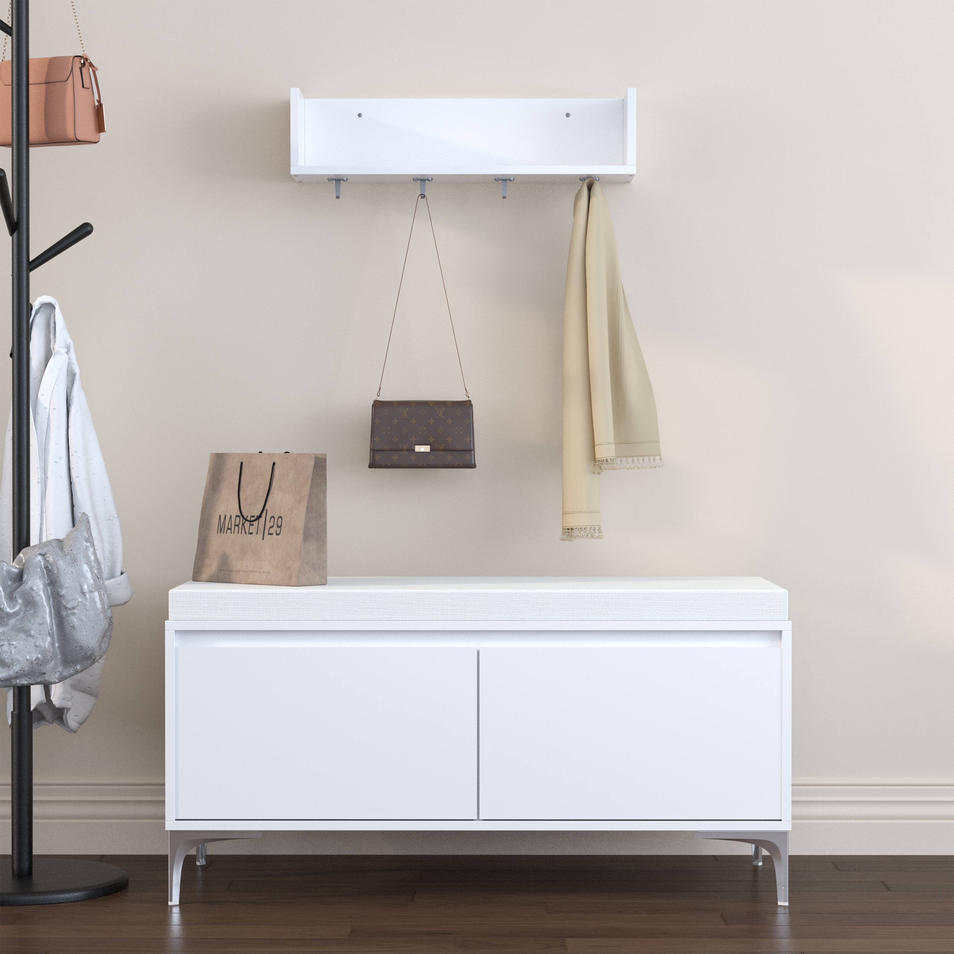 Front. Ropilly - Ropilly Entryway Storage Bench with Wall-Mounted Shelf & Coat Hooks, White Shoe Cabinet with Padded Cushion - White.