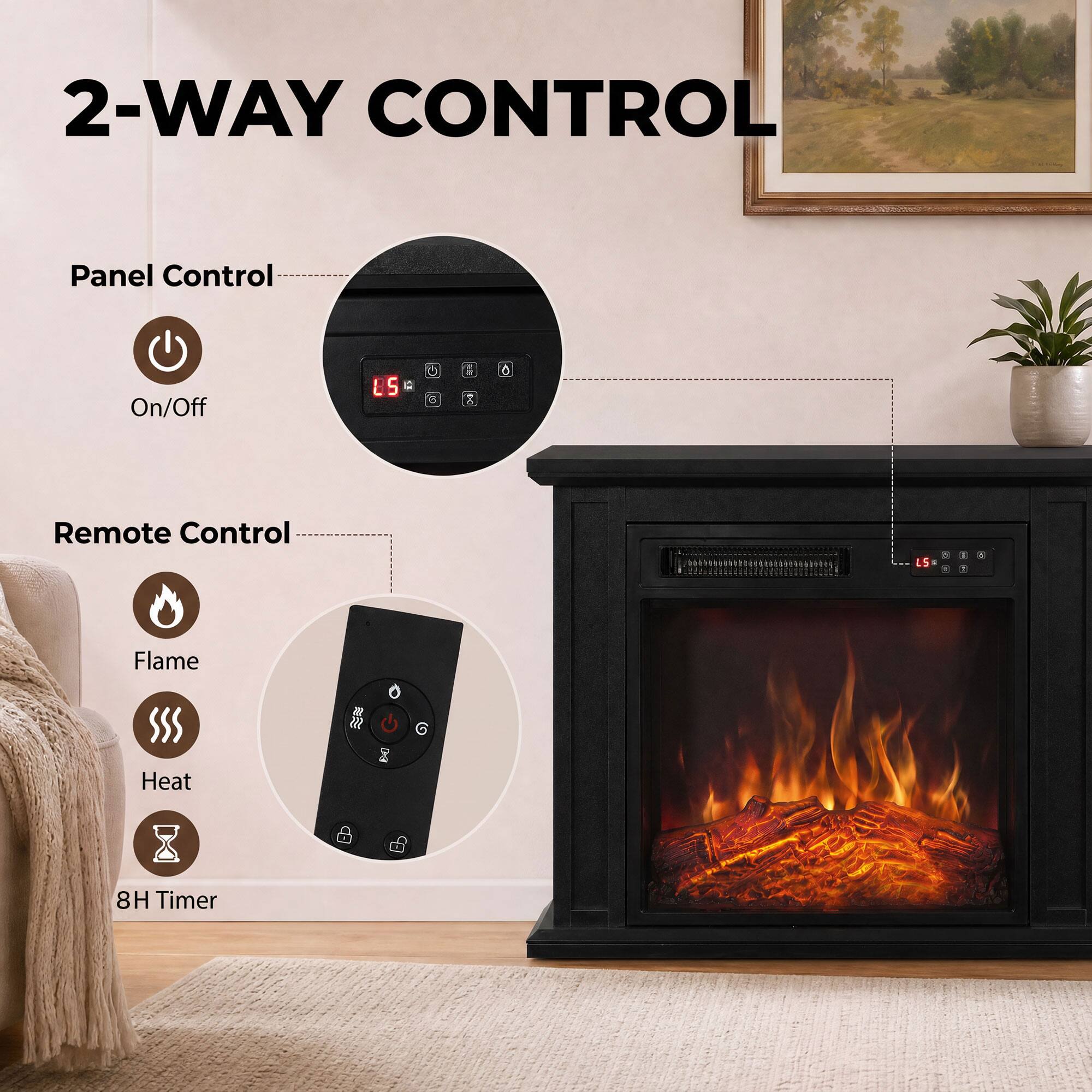 2-WAY CONTROL

Panel Control
On/Off

Remote Control
Flame
Heat
8H Timer