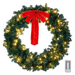 Winado - 48in Christmas Wreath Pre-lit Artificial with LED Lights, Remote Control for Indoor Outdoor Holiday Party Decorations - Green