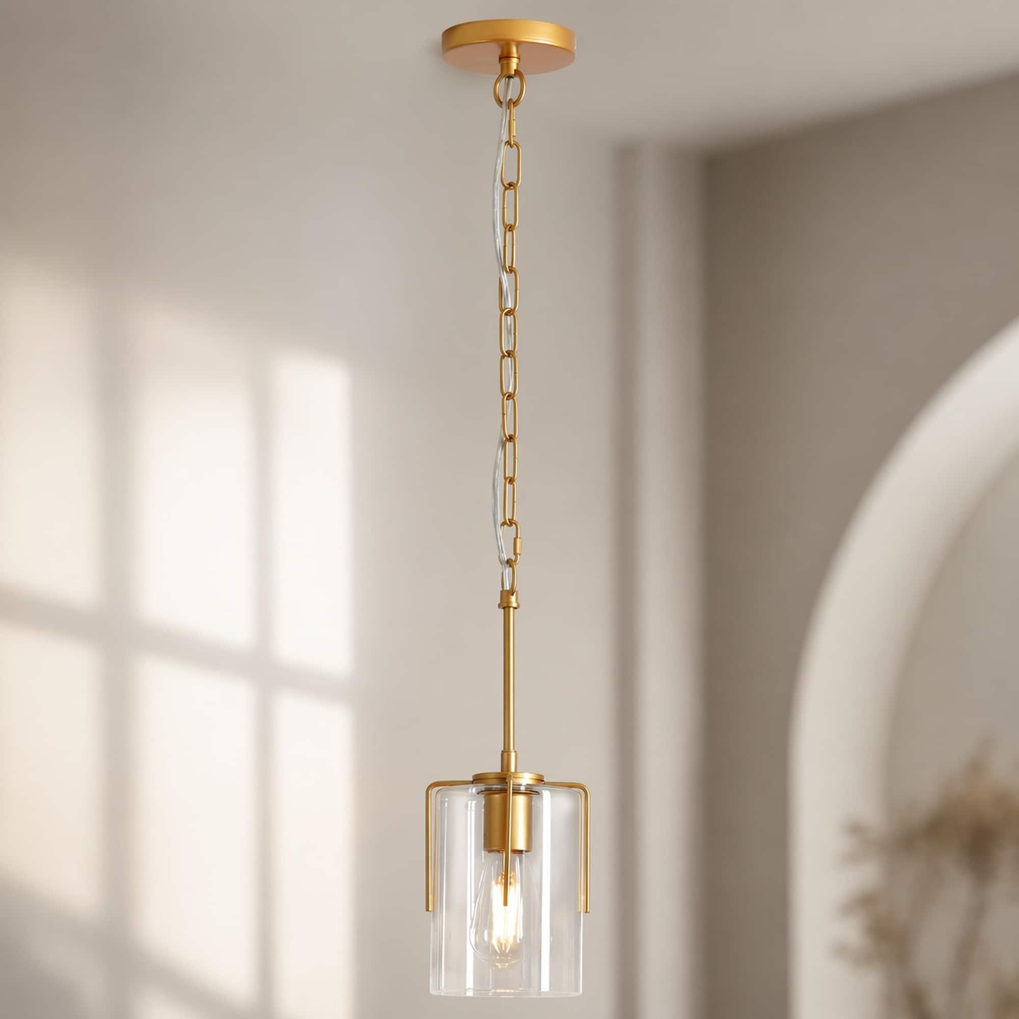 RYHNUYNE - Farmhouse Pendant Light, 1-Light Clear Glass Adjustable Hanging Fixture for Kitchen Island & Dining Room - Gold