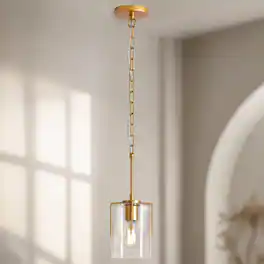 RYHNUYNE - Farmhouse Pendant Light, 1-Light Clear Glass Adjustable Hanging Fixture for Kitchen Island & Dining Room - Gold