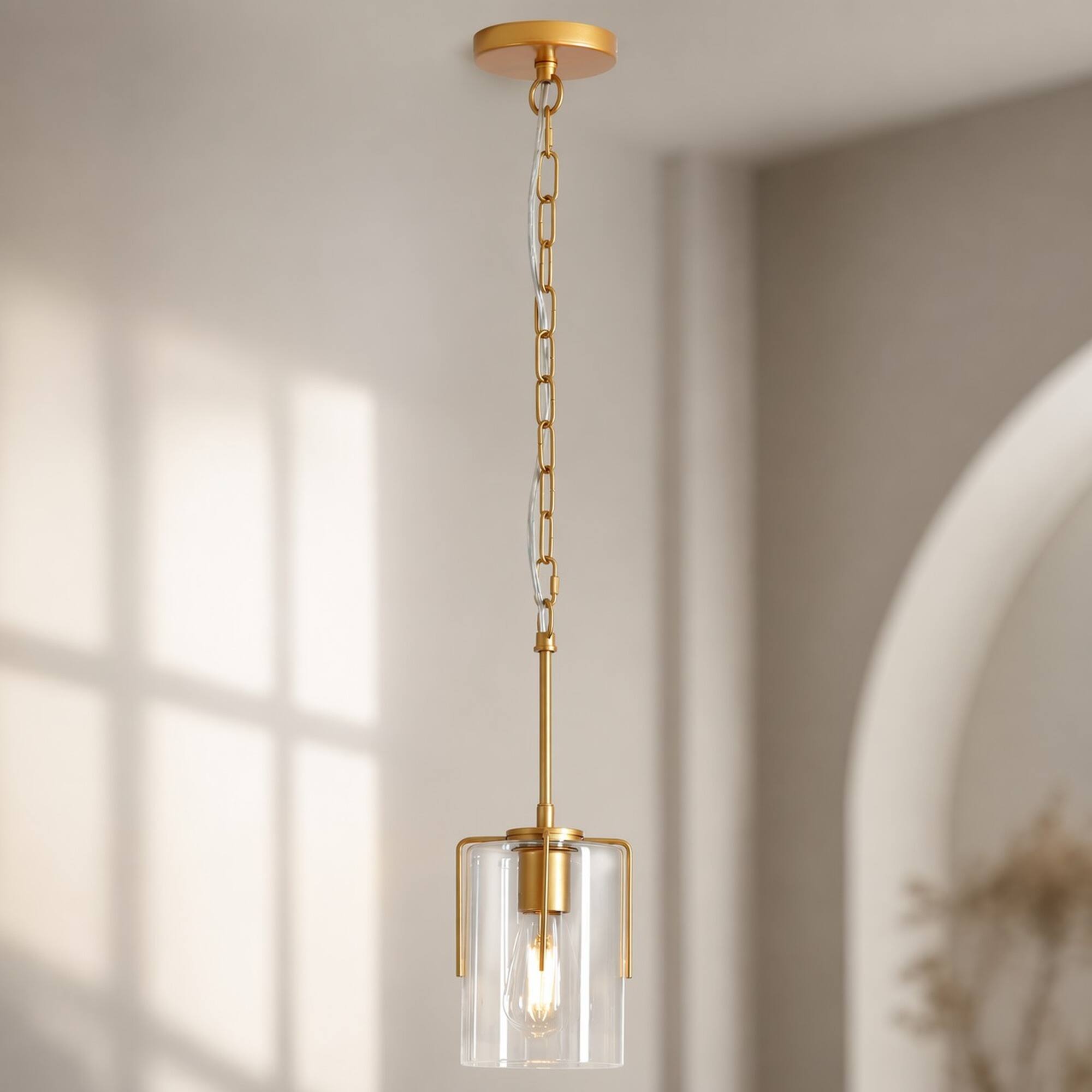 Front. RYHNUYNE - Farmhouse Gold Pendant Light, 1-Light Clear Glass Adjustable Hanging Fixture for Kitchen Island & Dining Room - Gold.