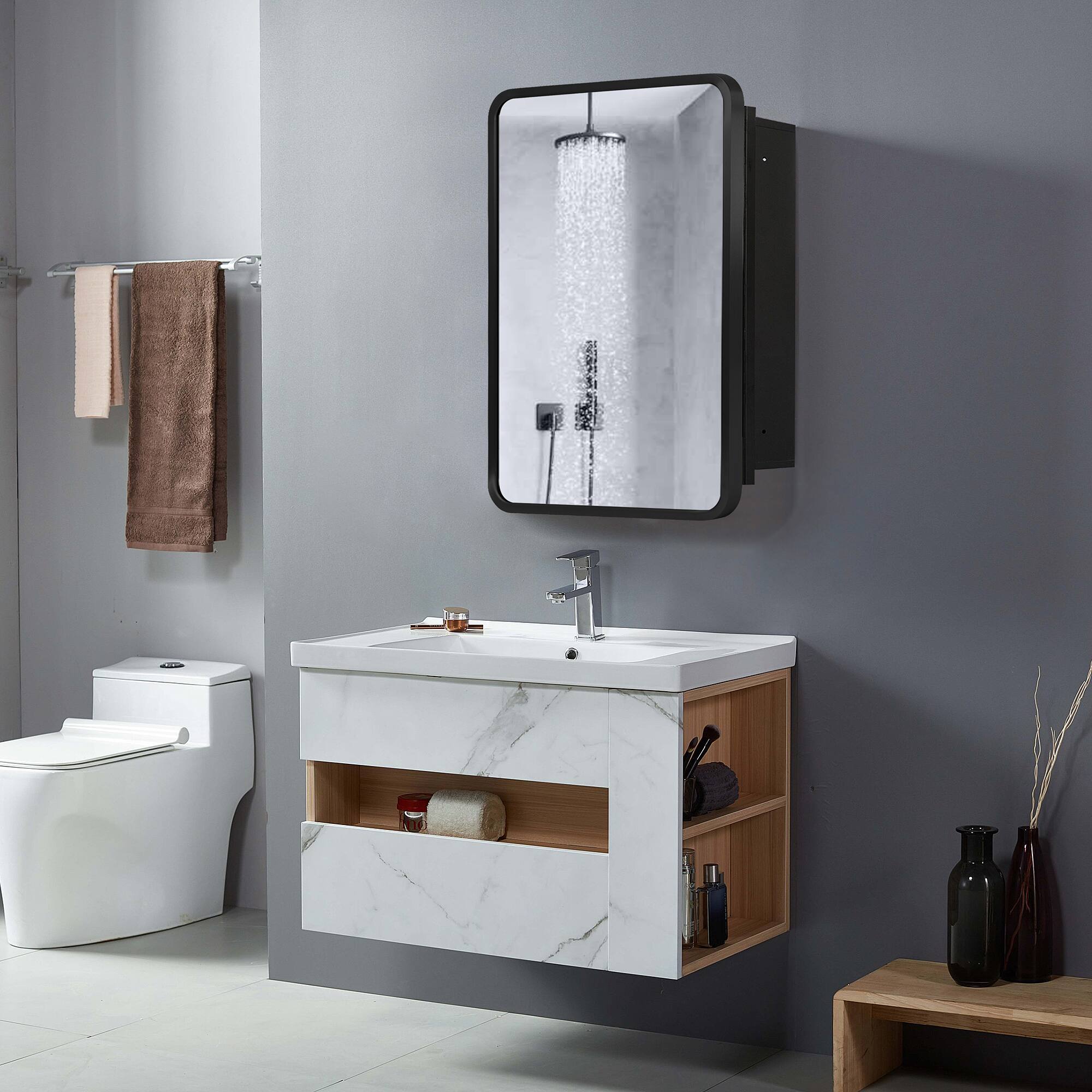 Alt View 2. PexFix - 16" x 24" Rectangular Mirror Medicine Cabinet - Metal Frame, Recessed or Surface Mount for Bathroom Storage - Black.