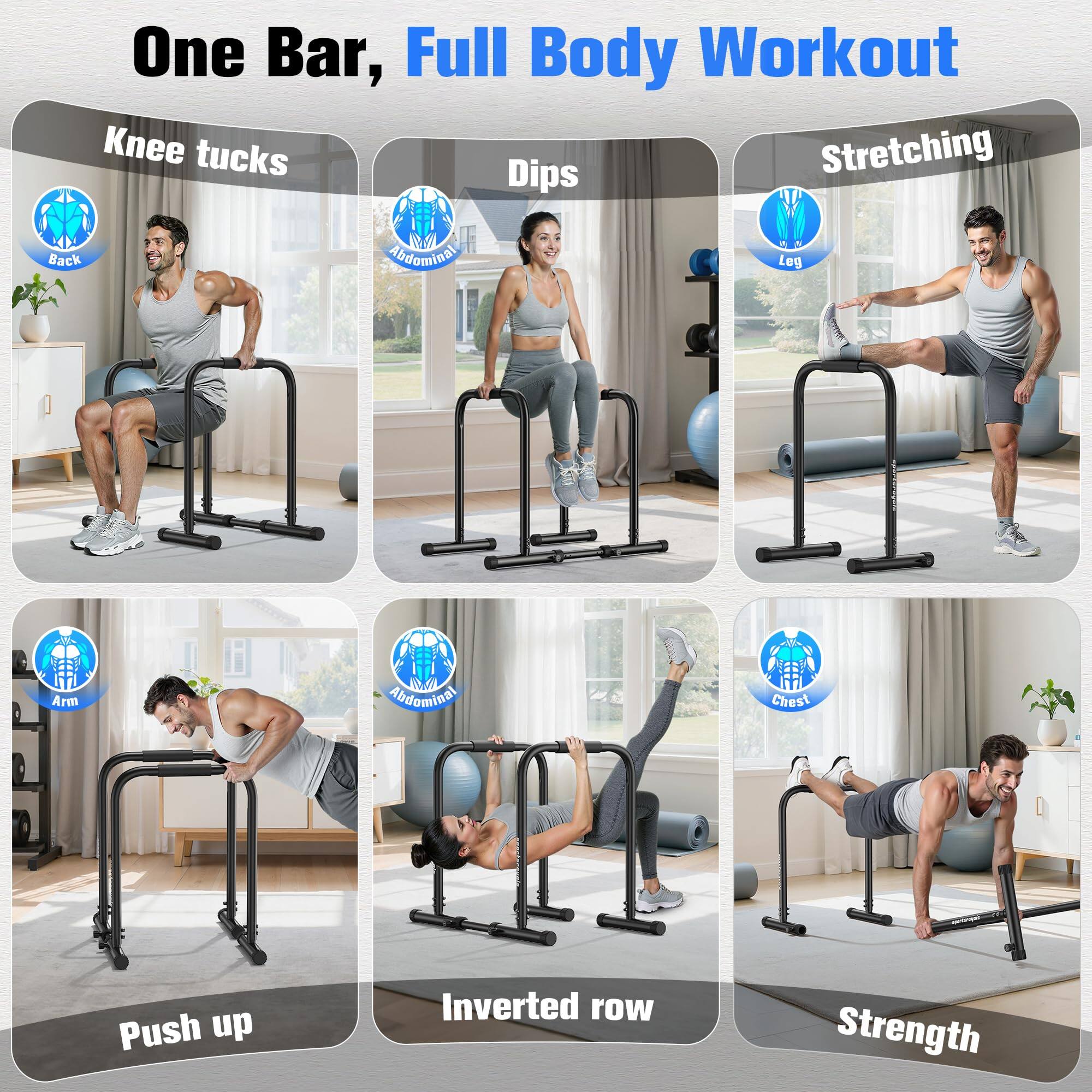 One Bar, Full Body Workout

- Knee tucks
- Dips
- Stretching
- Push up
- Inverted row
- Strength