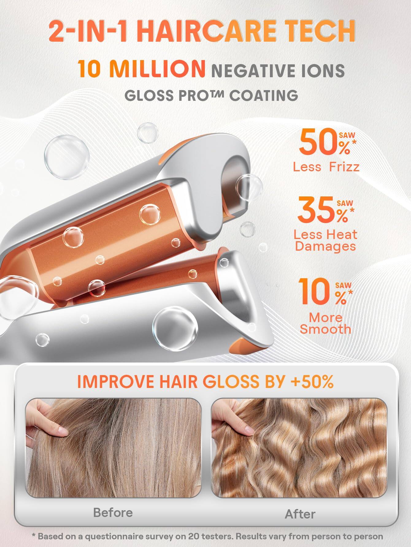 2-IN-1 HAIRCARE TECH  
10 MILLION NEGATIVE IONS  
GLOSS PRO™ COATING  

50% Less Frizz  
35% Less Heat Damages  
10% More Smooth  

IMPROVE HAIR GLOSS BY +50%  

Before  
After  

*Based on a questionnaire survey on 20 testers. Results vary from person to person