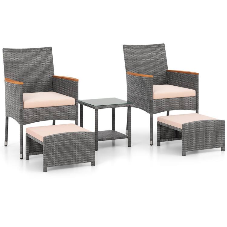 SlickBlue - 5 Piece Patio Conversation Set with Soft Cushions and Matching Ottomans - Beige