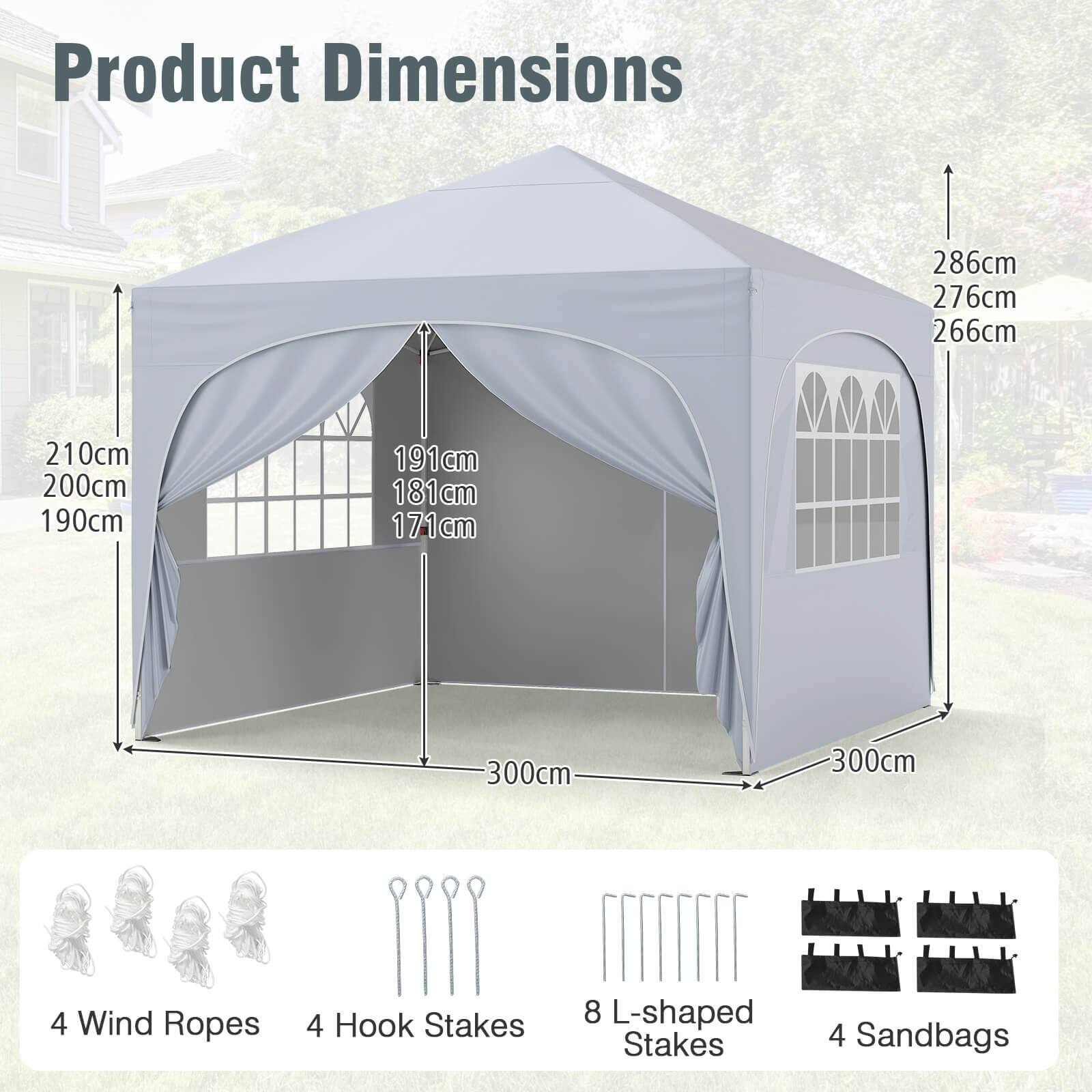 Product Dimensions: 286cm, 276cm, 266cm, 210cm, 200cm, 190cm, 191cm, 181cm, 171cm, 300cm, 300cm

Accessories: 4 Wind Ropes, 4 Hook Stakes, 8 L-shaped Stakes, 4 Sandbags