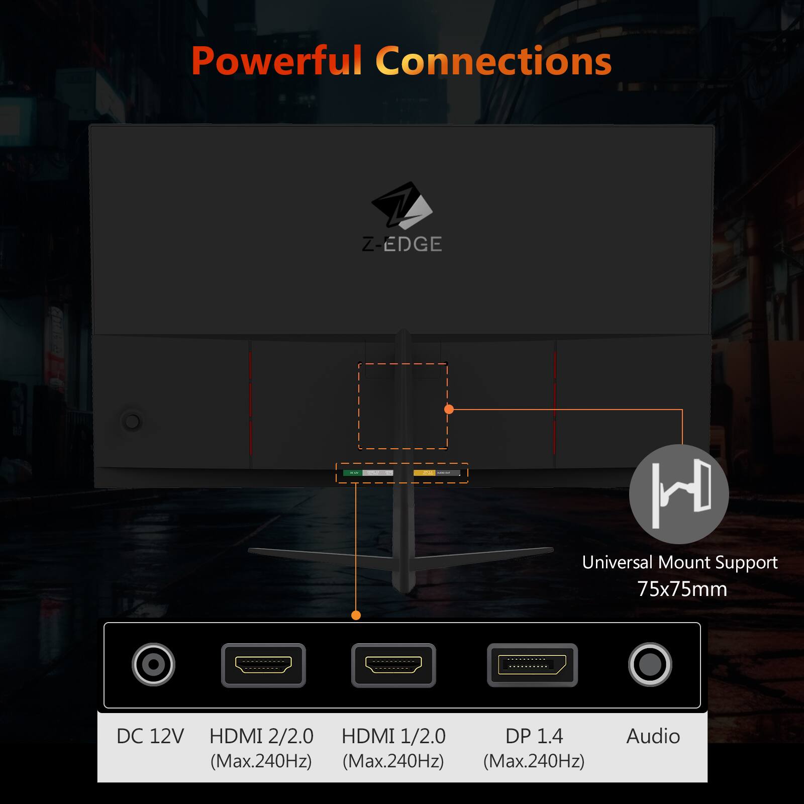 Powerful Connections
Z-EDGE - Universal Mount Support 75x75mm
DC 12V
HDMI 2/2.0 (Max.240Hz)
HDMI 1/2.0 (Max.240Hz)
DP 1.4 (Max.240Hz)
Audio