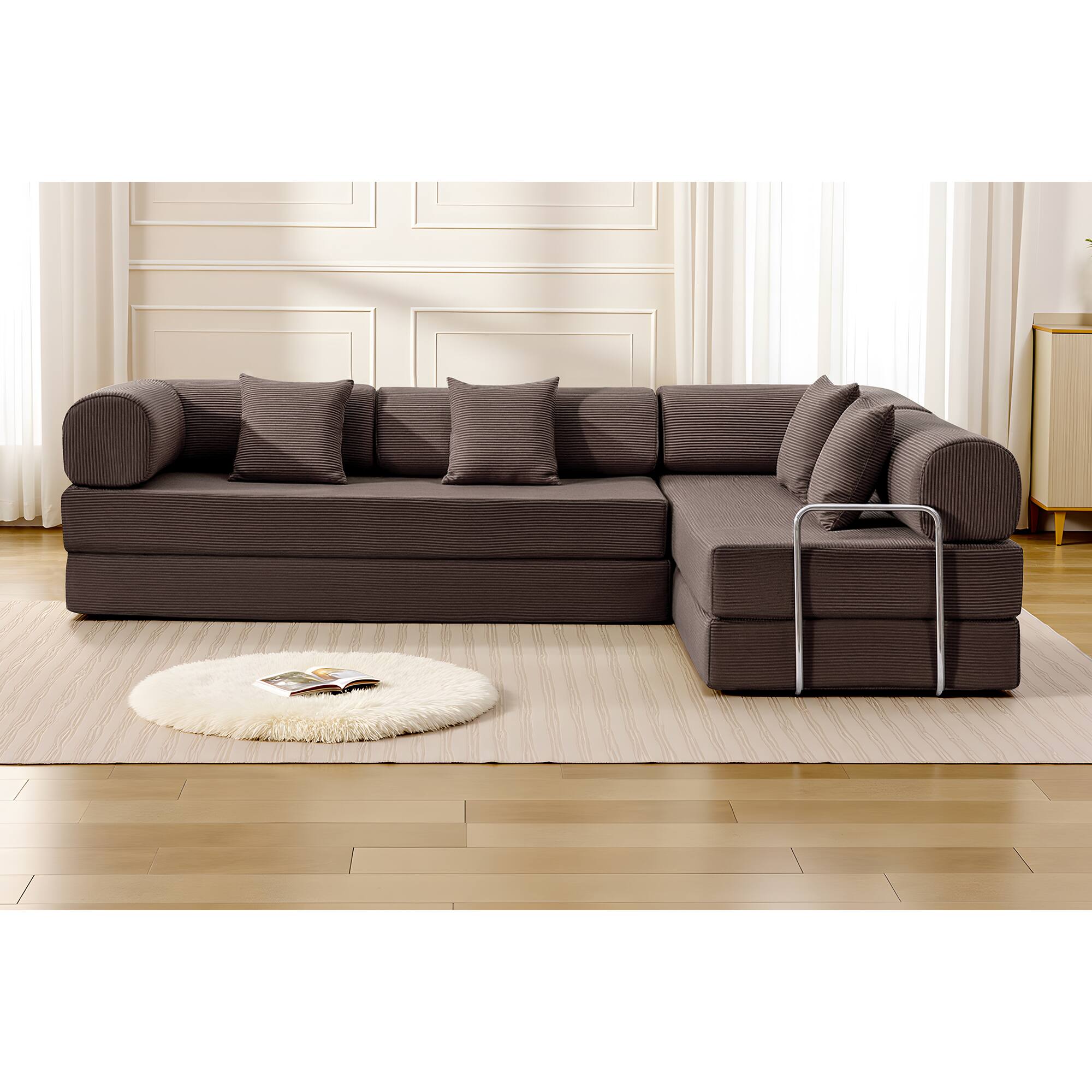 Alt View 8. KERDOM - L-Shaped Corduroy Couch Chaise Lounge, 78'' Foldable Sofa Bed 2pcs Combined, Spliced Block Modular Sectional Sponge Sofa - Coffee.