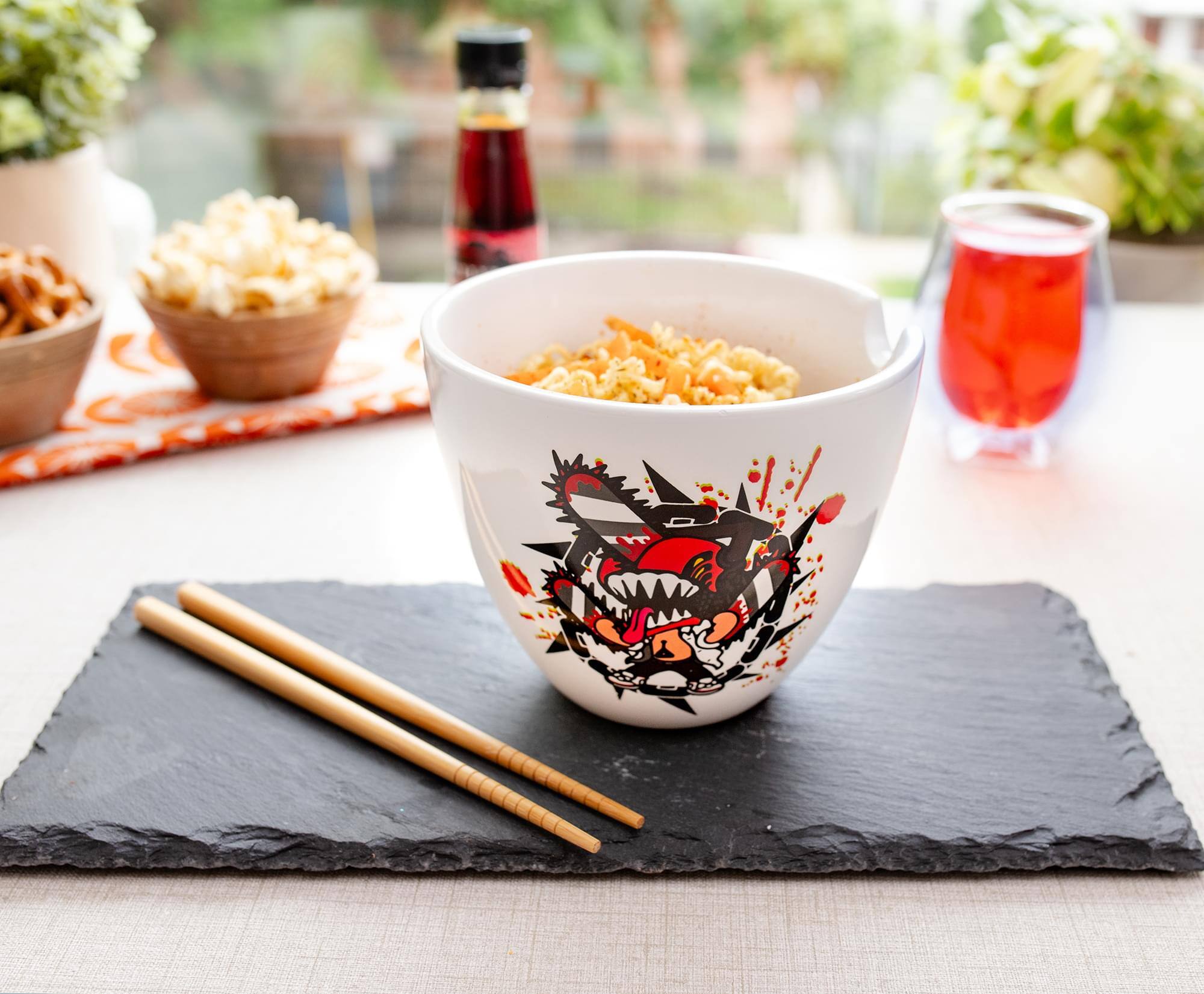 Alt View 4. Just Funky - Chainsaw Man 16-Ounce Ceramic Ramen Bowl and Chopstick Set - White/Red.