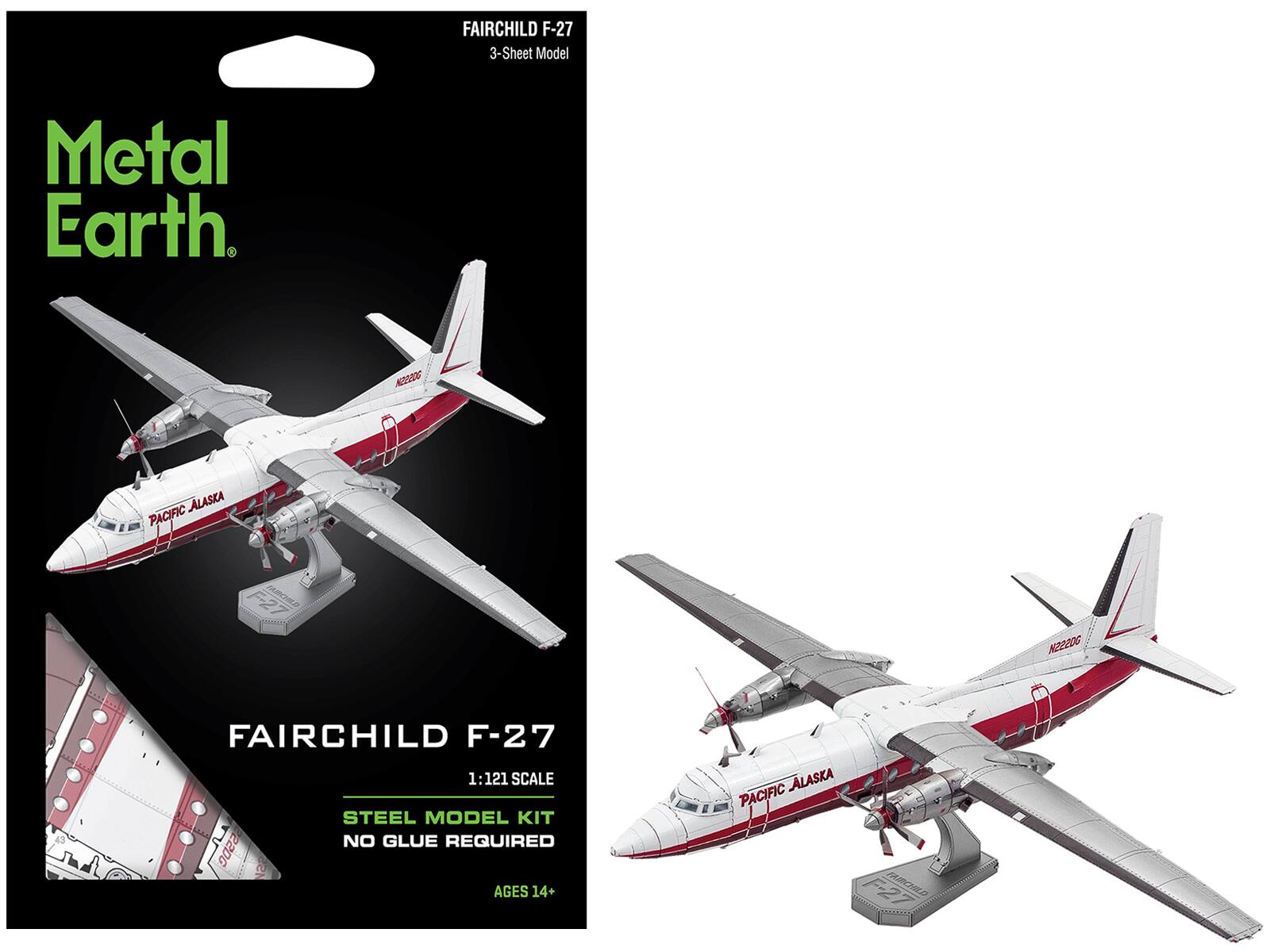 FAIRCHILD F-27 3-Sheet Model  
Metal Earth.  
N22206  
ALASKA PACIFIC  
N222DG  
FAIRCHILD F-27 1:121 SCALE STEEL MODEL KIT F NO GLUE REQUIRED 222DG SSW AGES 14+  
ALASKA PACIFIC